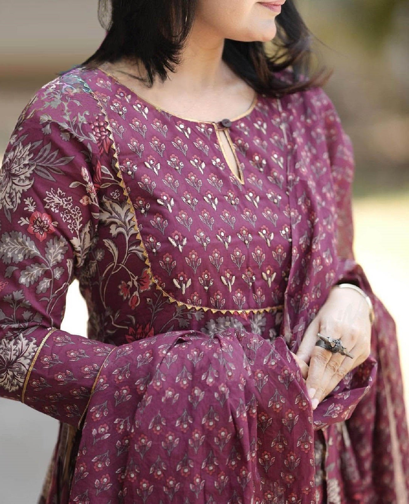 Ethnic Set Women Anarkali Printed Maroon Kurta and Pant Set With Dupatta