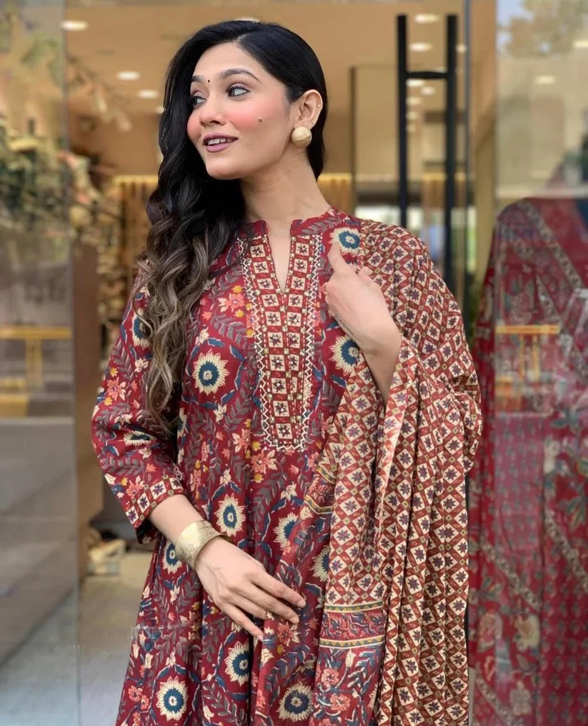 Ethnic Set Women Printed A-Line Kurta and Pant Set With Dupatta