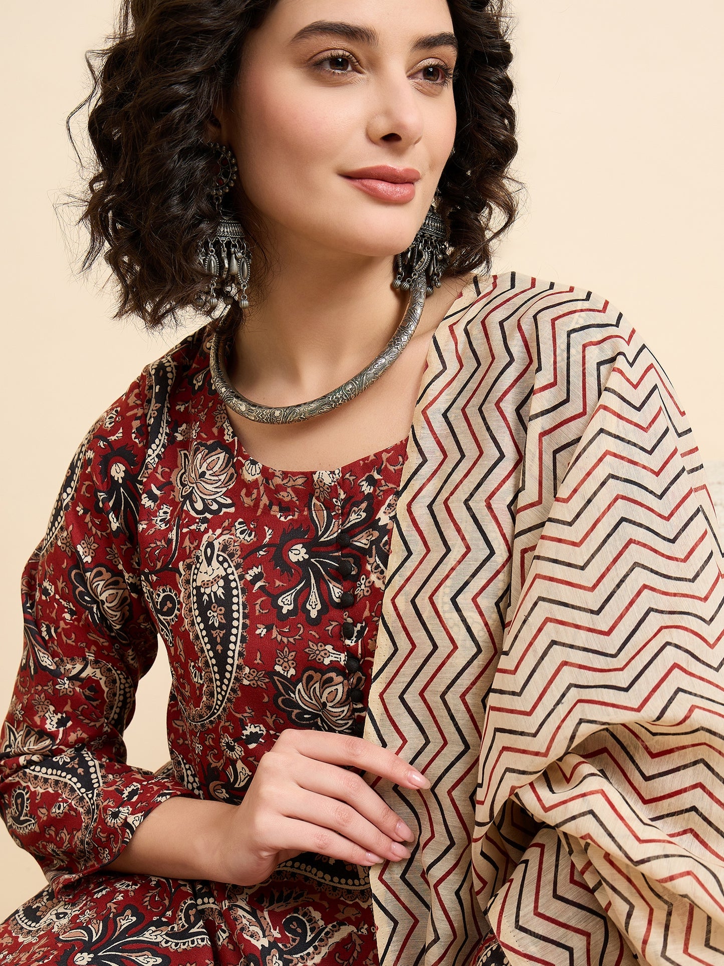 Ethnic Set Women Printed Anarkali Maroon Kurta And Pant Set With Dupatta