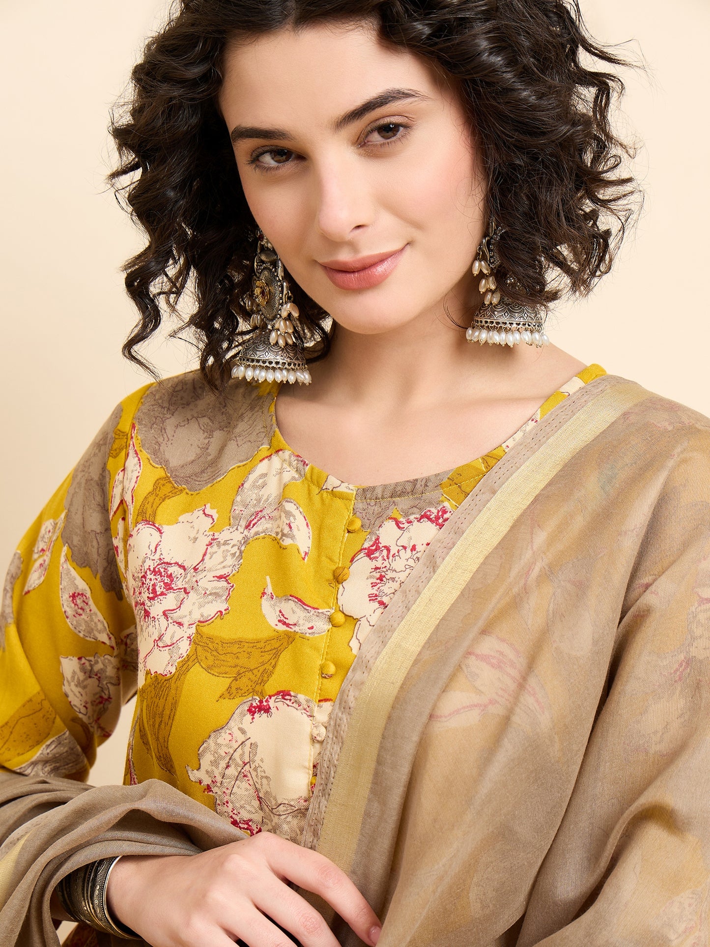 Ethnic Set Women Printed Anarkali Yellow Kurta And Pant Set With Dupatta