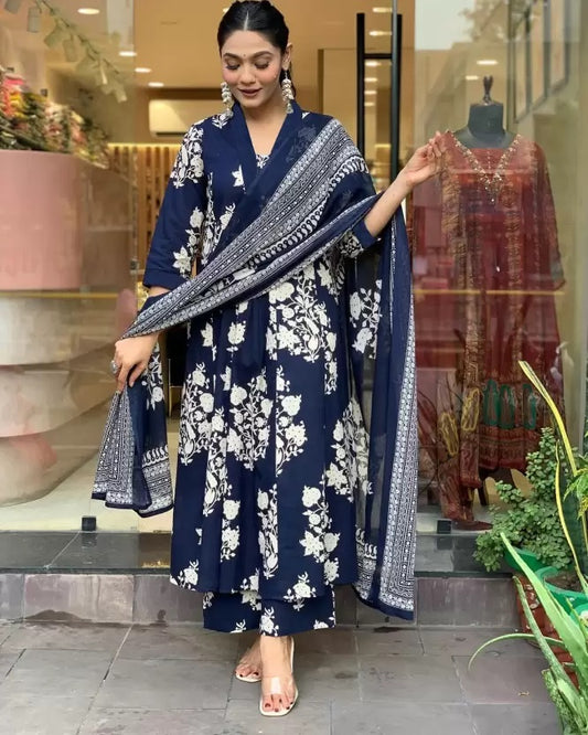 Ethnic Set Women Printed A-Line Blue Kurta and Pant Set With Dupatta