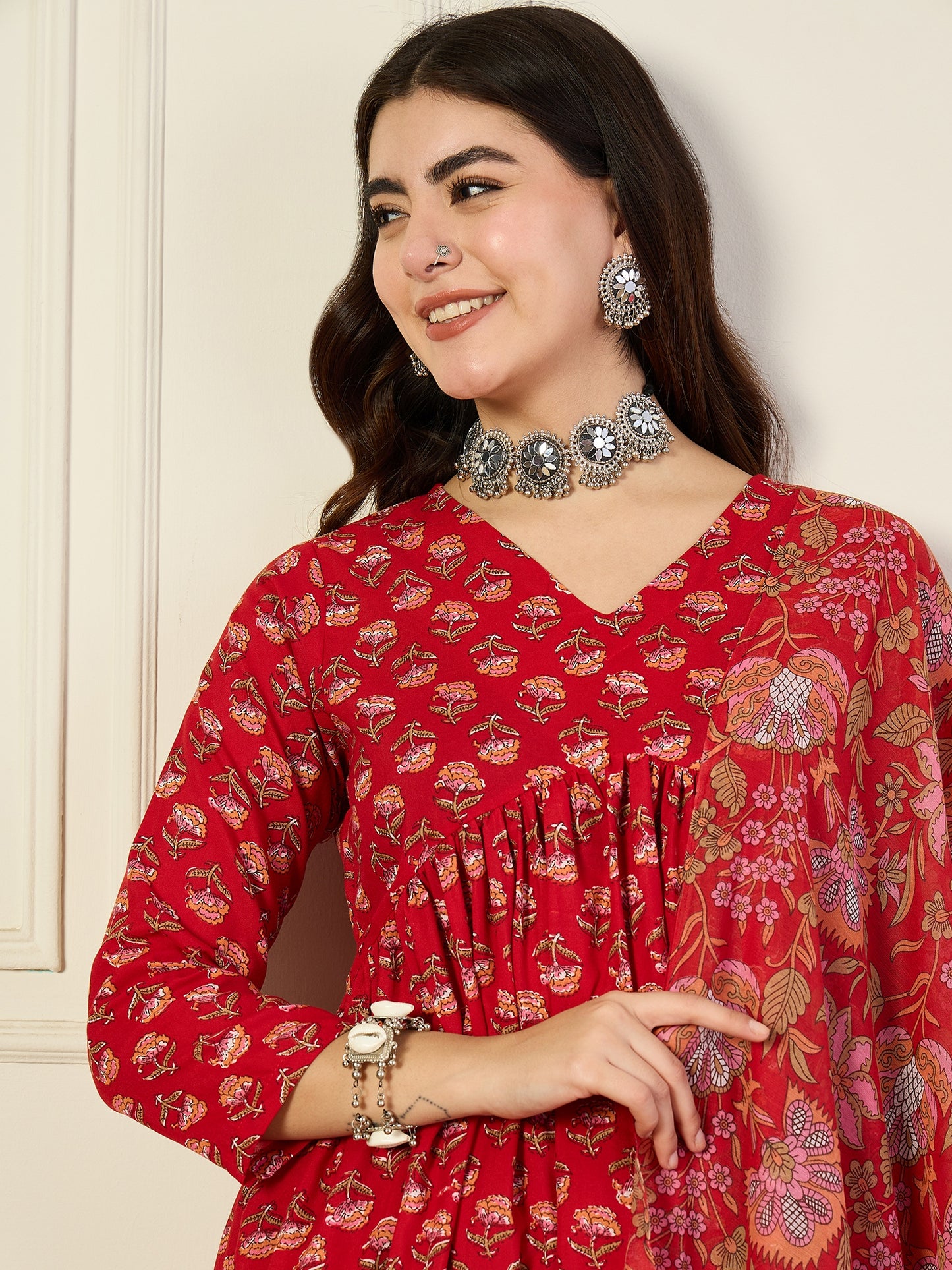 Ethnic Set Women Printed Anarkali Red Kurta and Pant Set With Dupatta