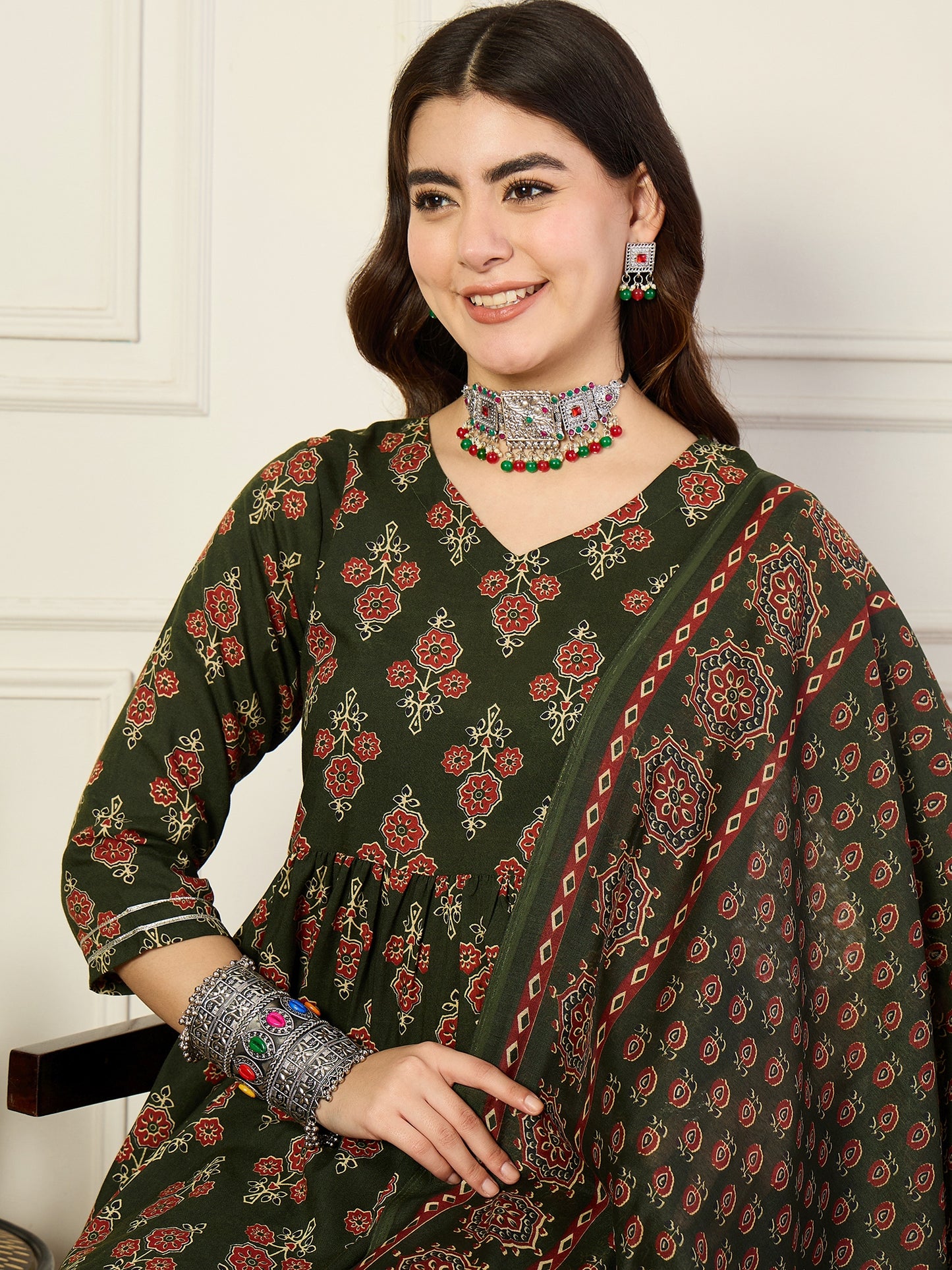 Ethnic Set Women Printed Anarkali Kurta and Pant Set With Dupatta