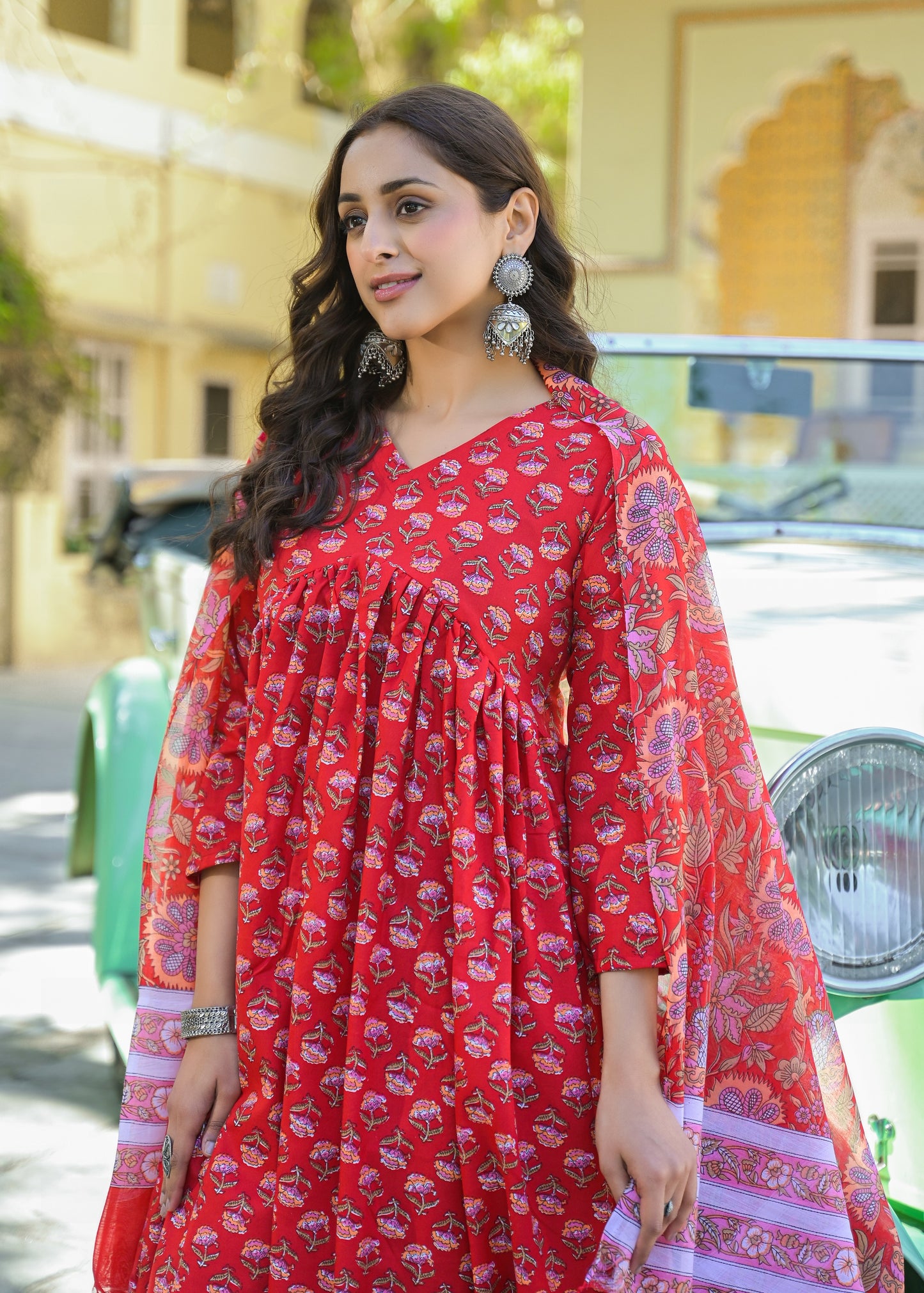 Ethnic Set Women Printed Anarkali Red Kurta And Pant Set With Dupatta