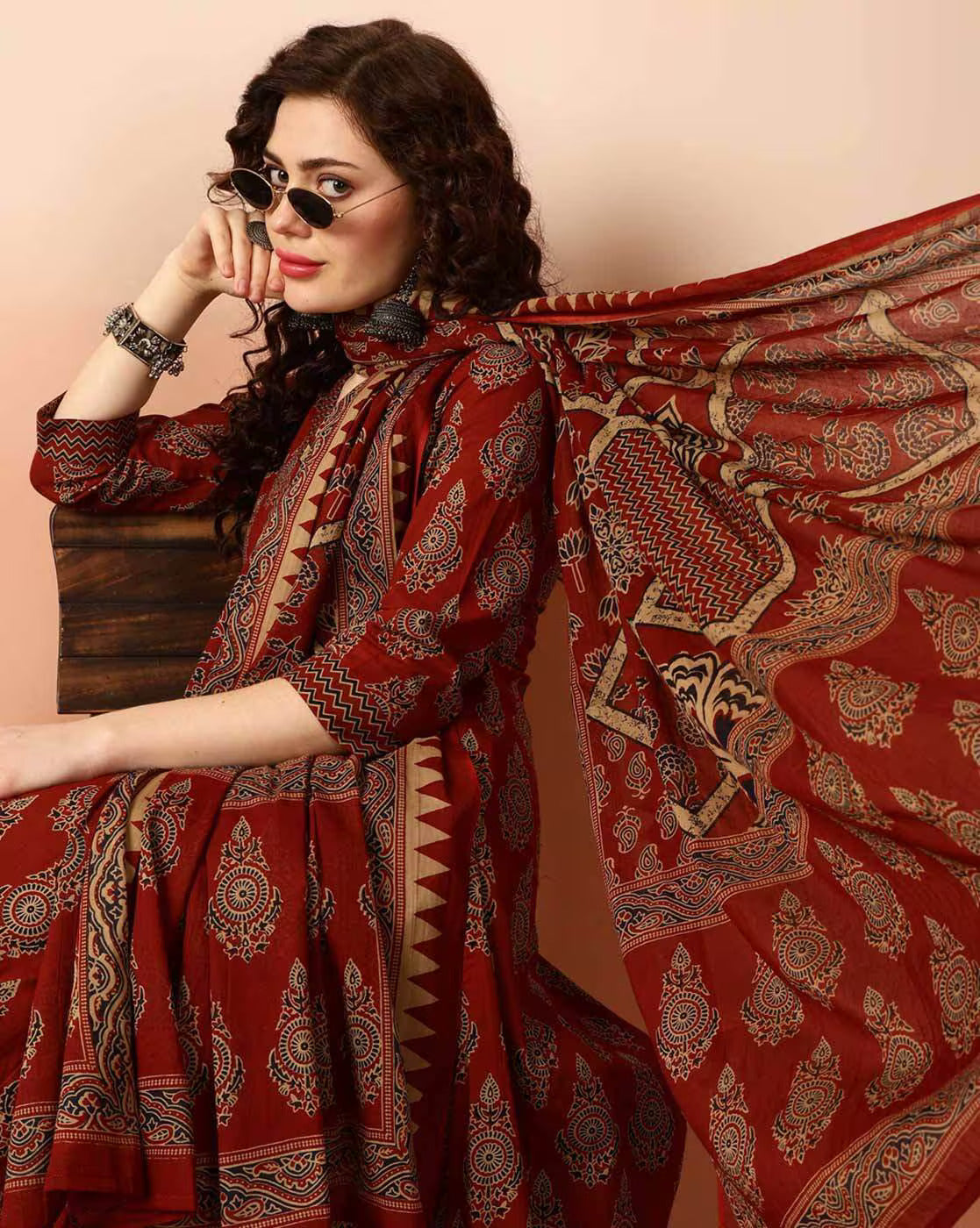 Ethnic Set Women Printed Anarkali Red Kurta and Pant Set With Dupatta