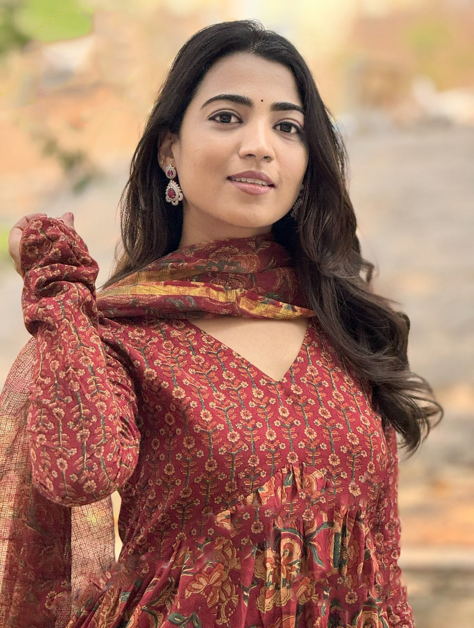 Ethnic Set Women Printed Anarkali Red Kurta and Pant Set With Dupatta