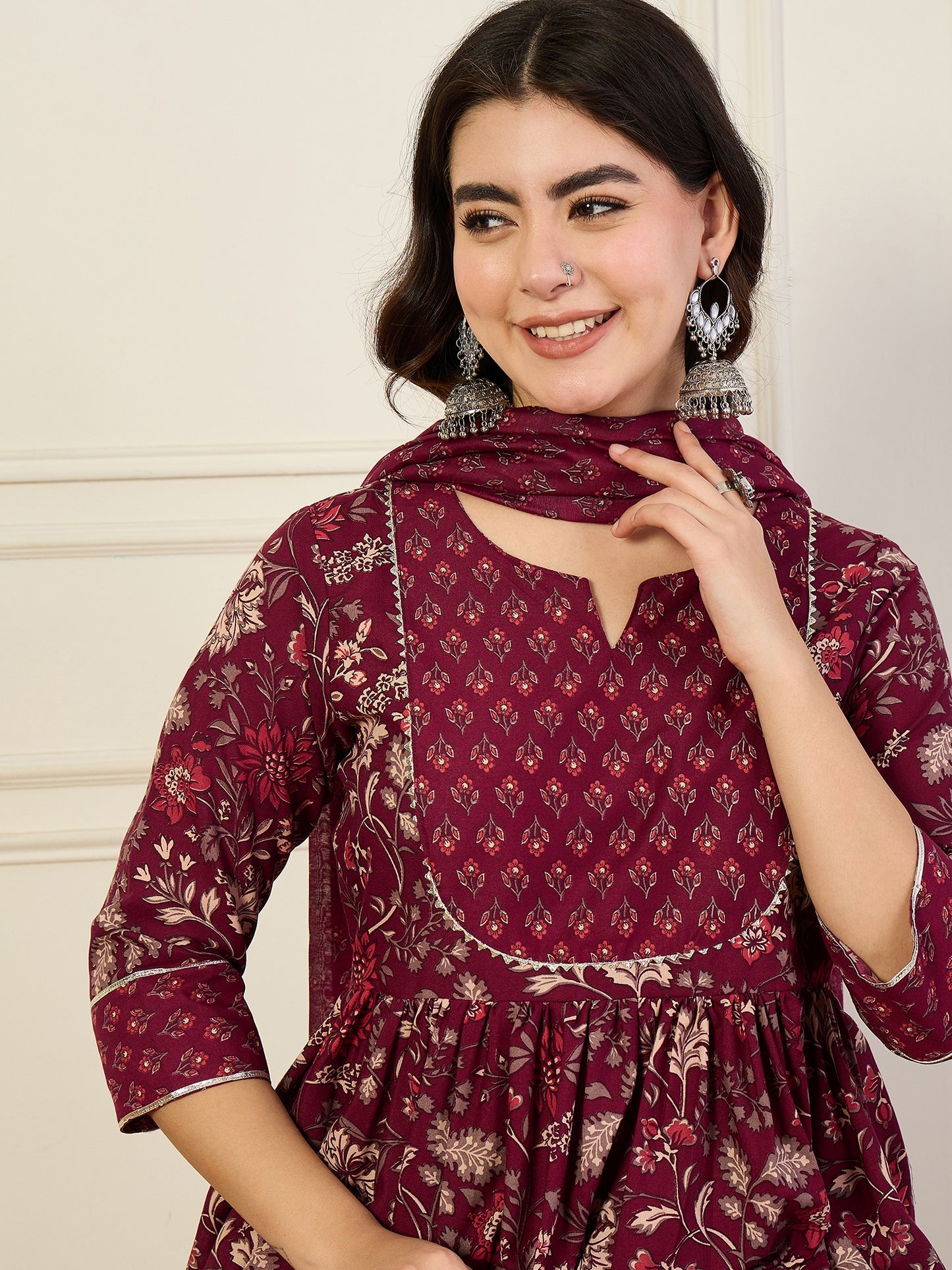 Ethnic Set Women Floral Printed Anarkali Maroon Kurta and Pant Set With Dupatta