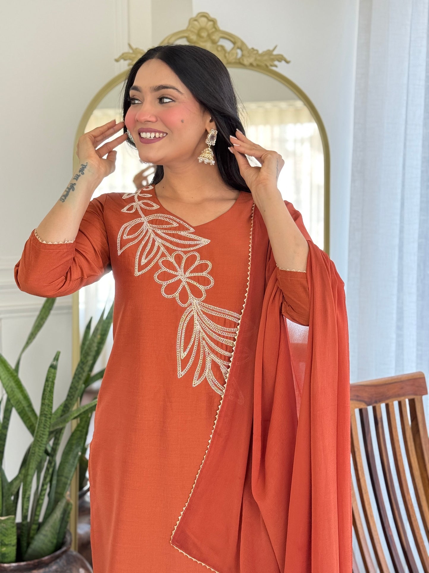 Ethnic Set Women Silk Embroidery Straight Kurta and Pant Set with dupatta