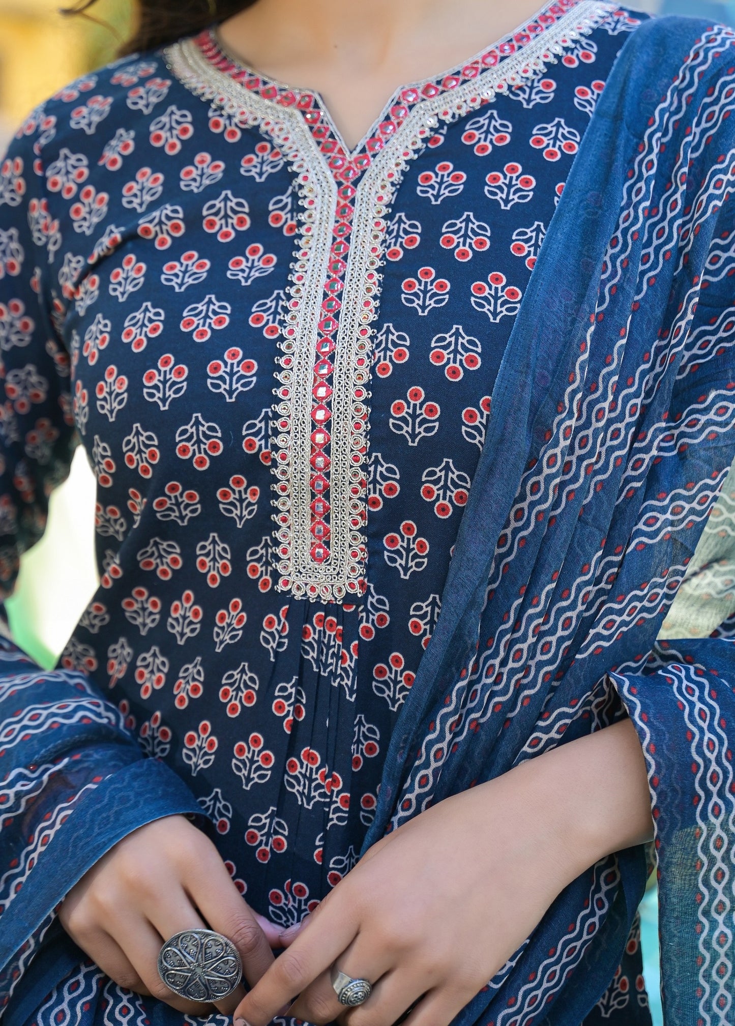 Ethnic Set Women Printed Straight Blue Kurta And Pant Set With Dupatta