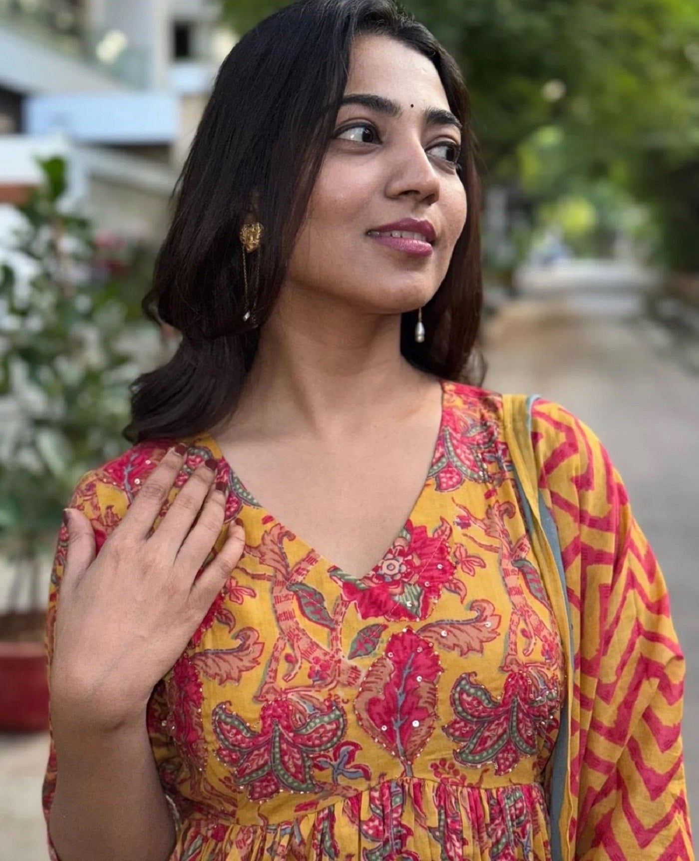Ethnic Set Women Floral Printed Anarkali Yellow Kurta And Pant Set With Dupatta