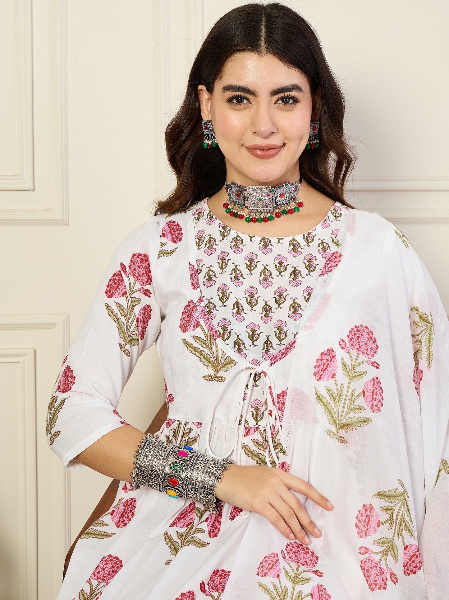 Ethnic Set Women Printed Anarkali White Kurta and Pant Set With Dupatta