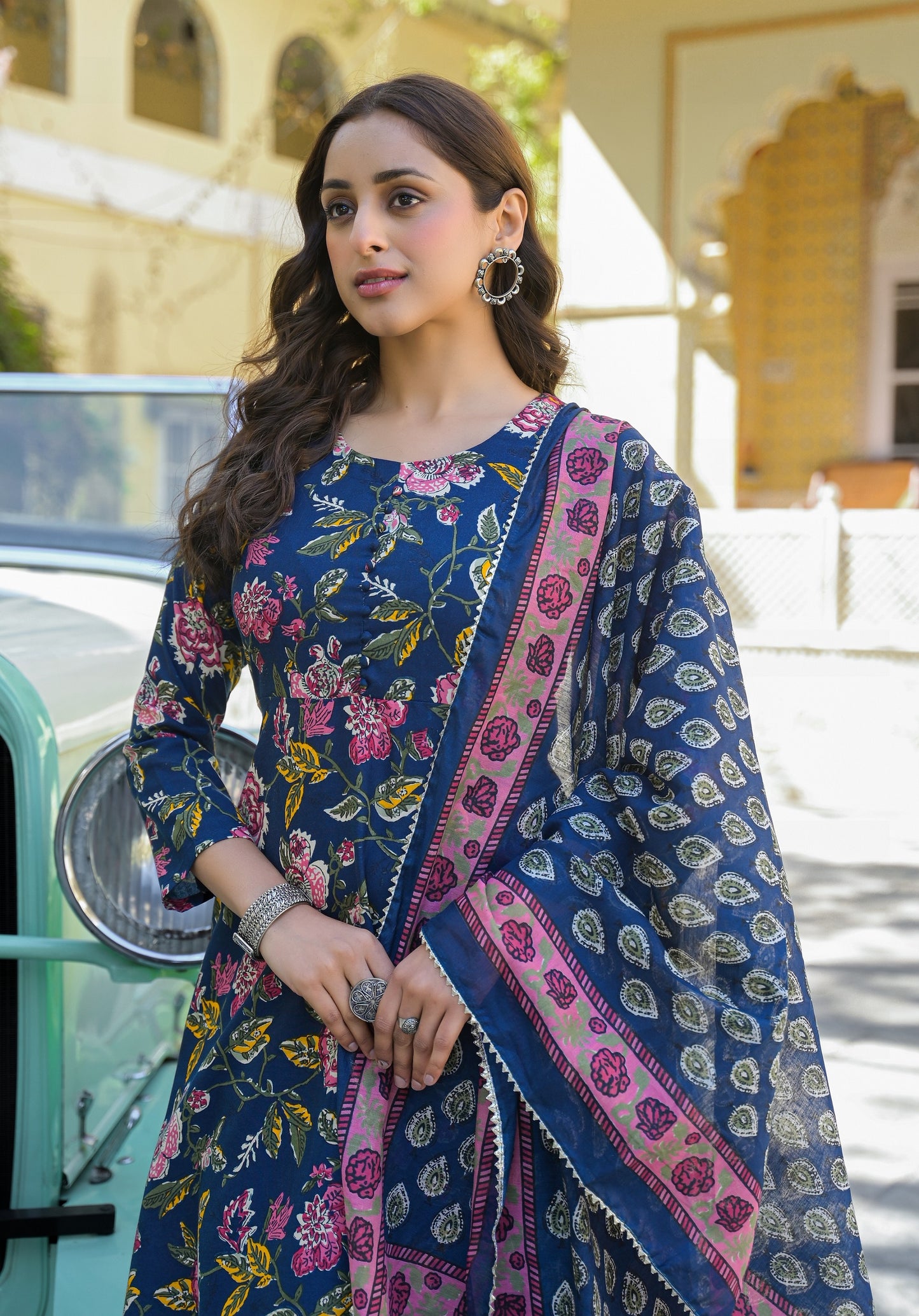 Ethnic Set Women Floral Printed Anarkali Blue Kurta And Pant Set With Dupatta