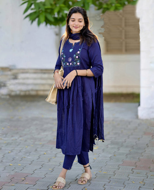Ethnic Set  Women Silk Embroidery Straight Kurta and Pant Set with Dupatta