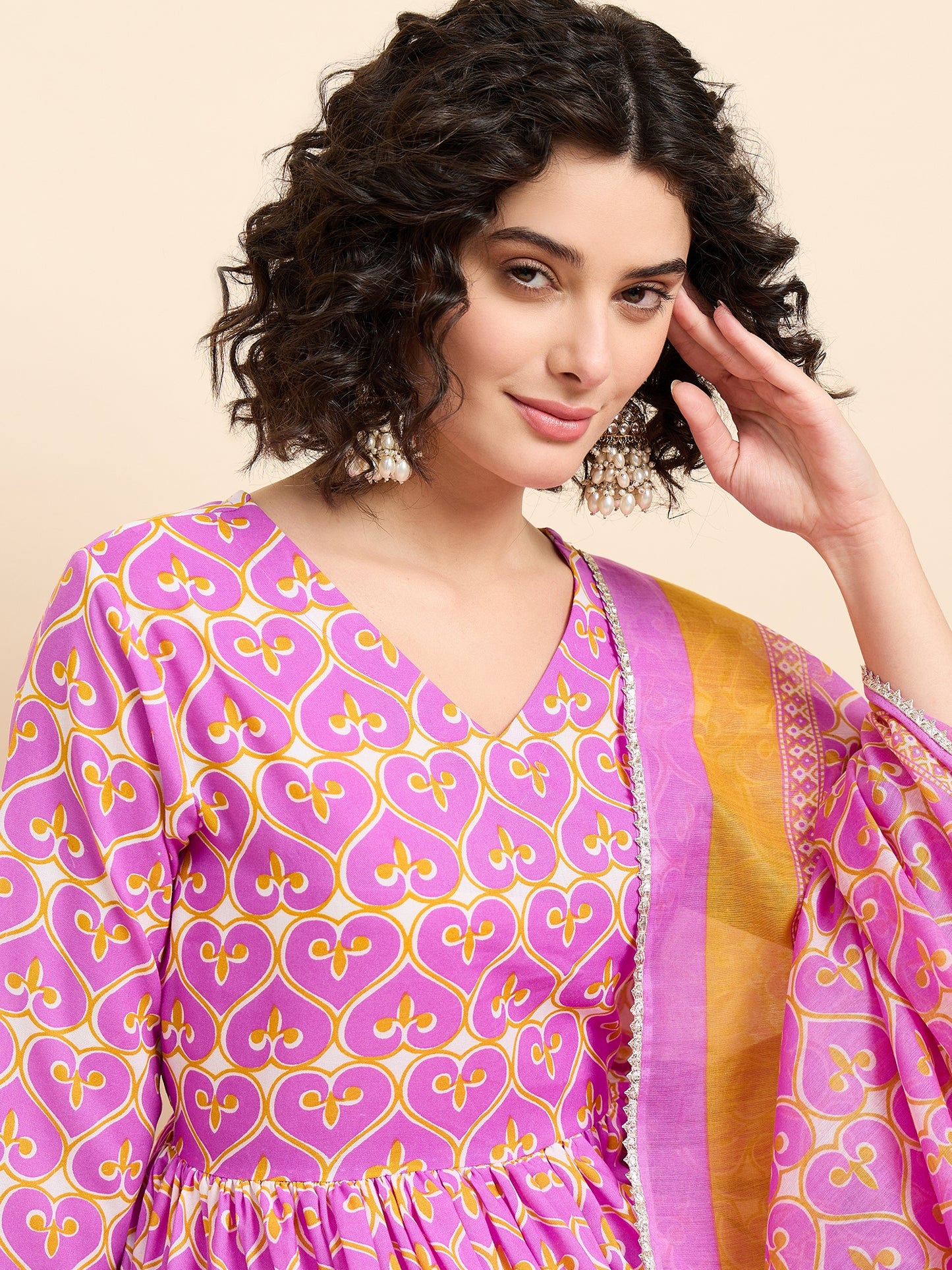 Ethnic Set Women Printed Anarkali Pink Kurta And Pant Set With Dupatta