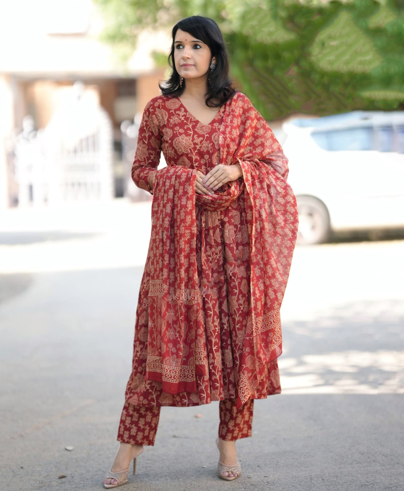 Ethnic Set Women Floral Anarkali Printed Red Kurta and Pant Set With Dupatta
