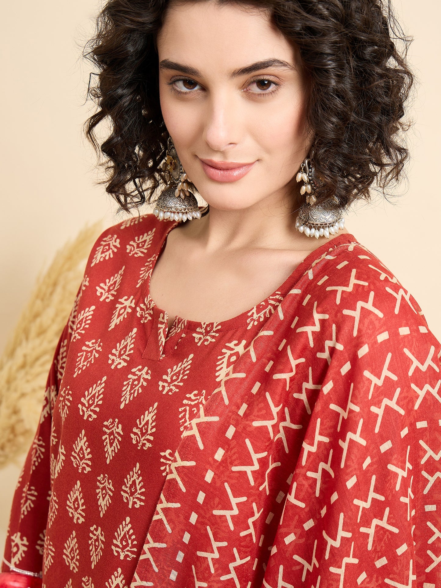 Ethnic Set Women Printed Straight Red Kurta And Pant Set With Dupatta