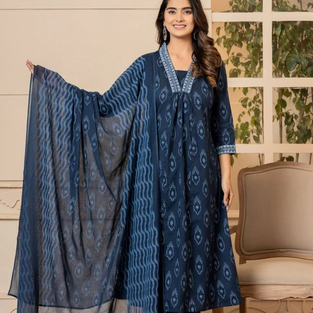 Ethnic Set Women A-Line Blue Kurta And Pant Set With Dupatta