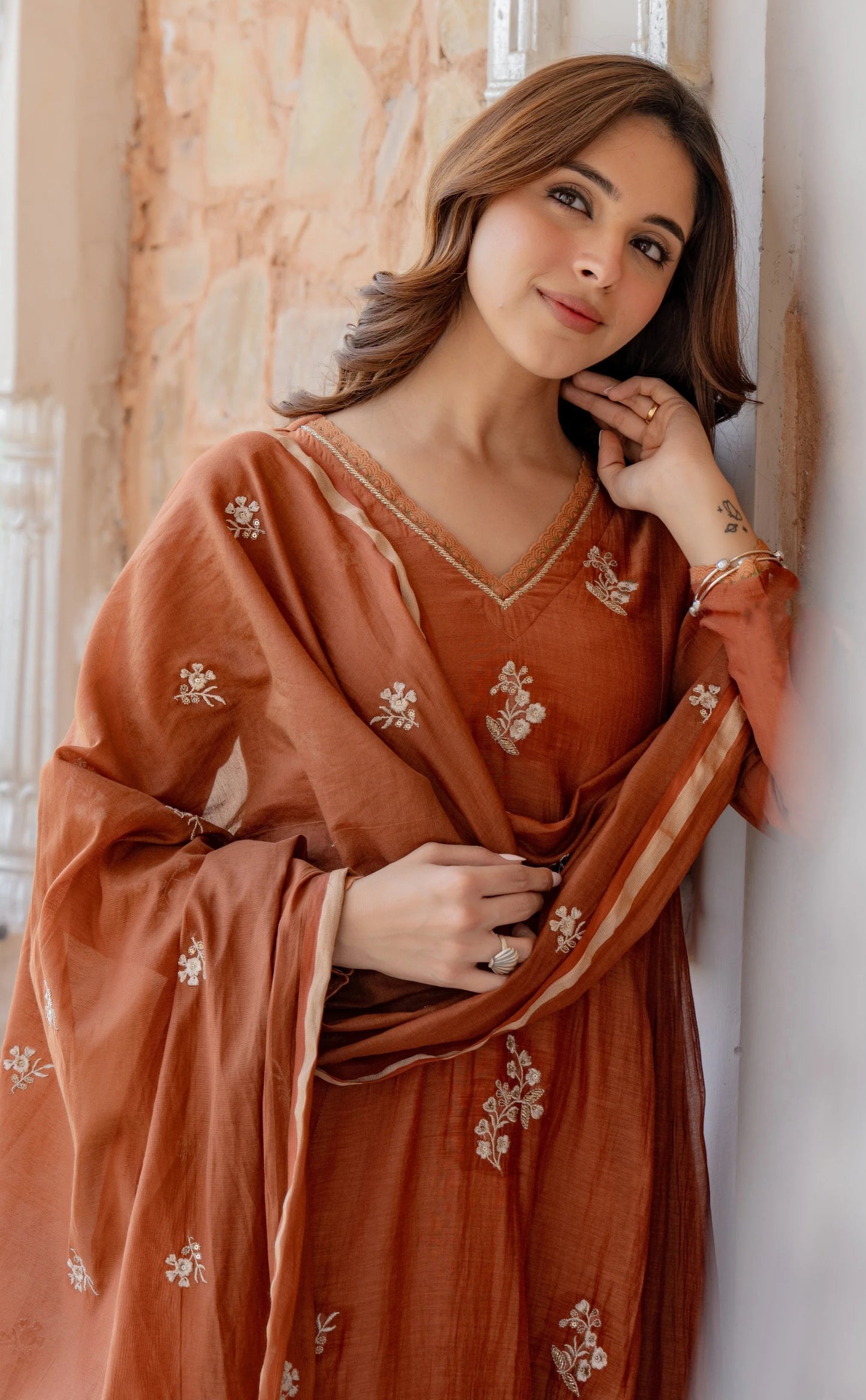 Ethnic Set Women Silk Embroidery Anarkali Kurta and Pant Set with Dupatta
