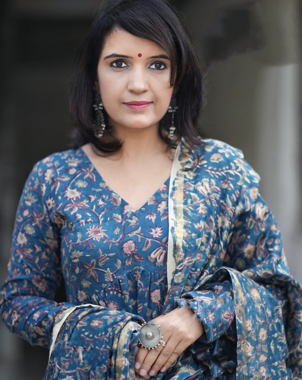 Ethnic Set Women Floral Printed Anarkali Blue Kurta And Pant Set With Dupatta