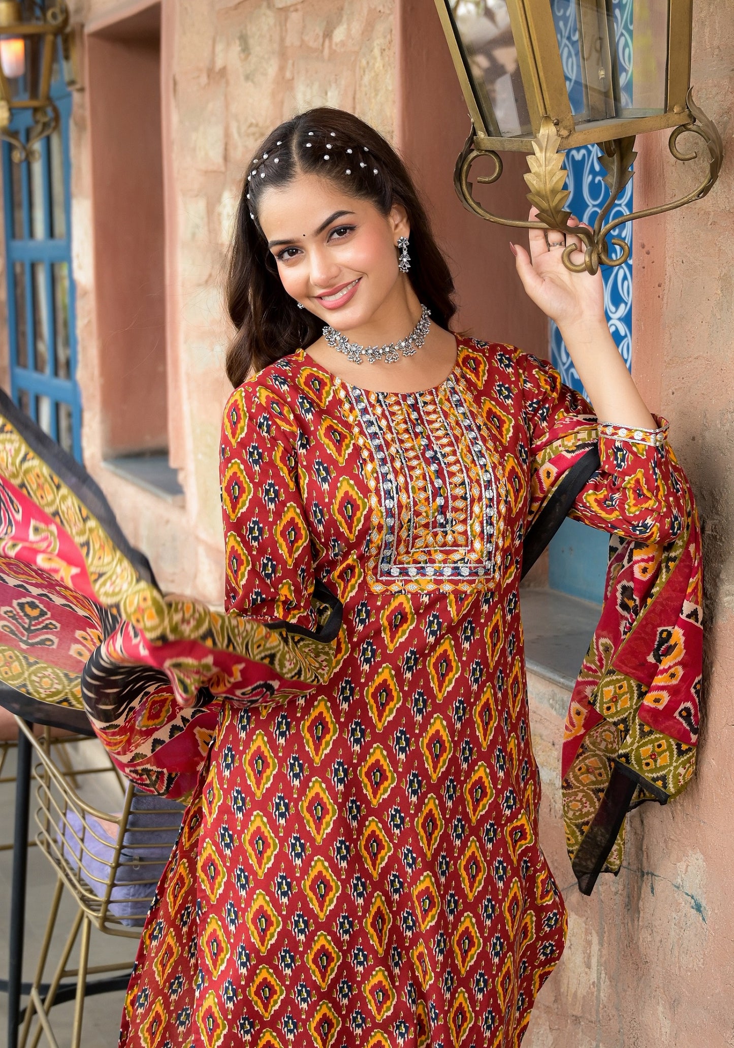 Ethnic Set Women Embroidery Straight Kurta and Pant set with Dupatta - Ethnic Set