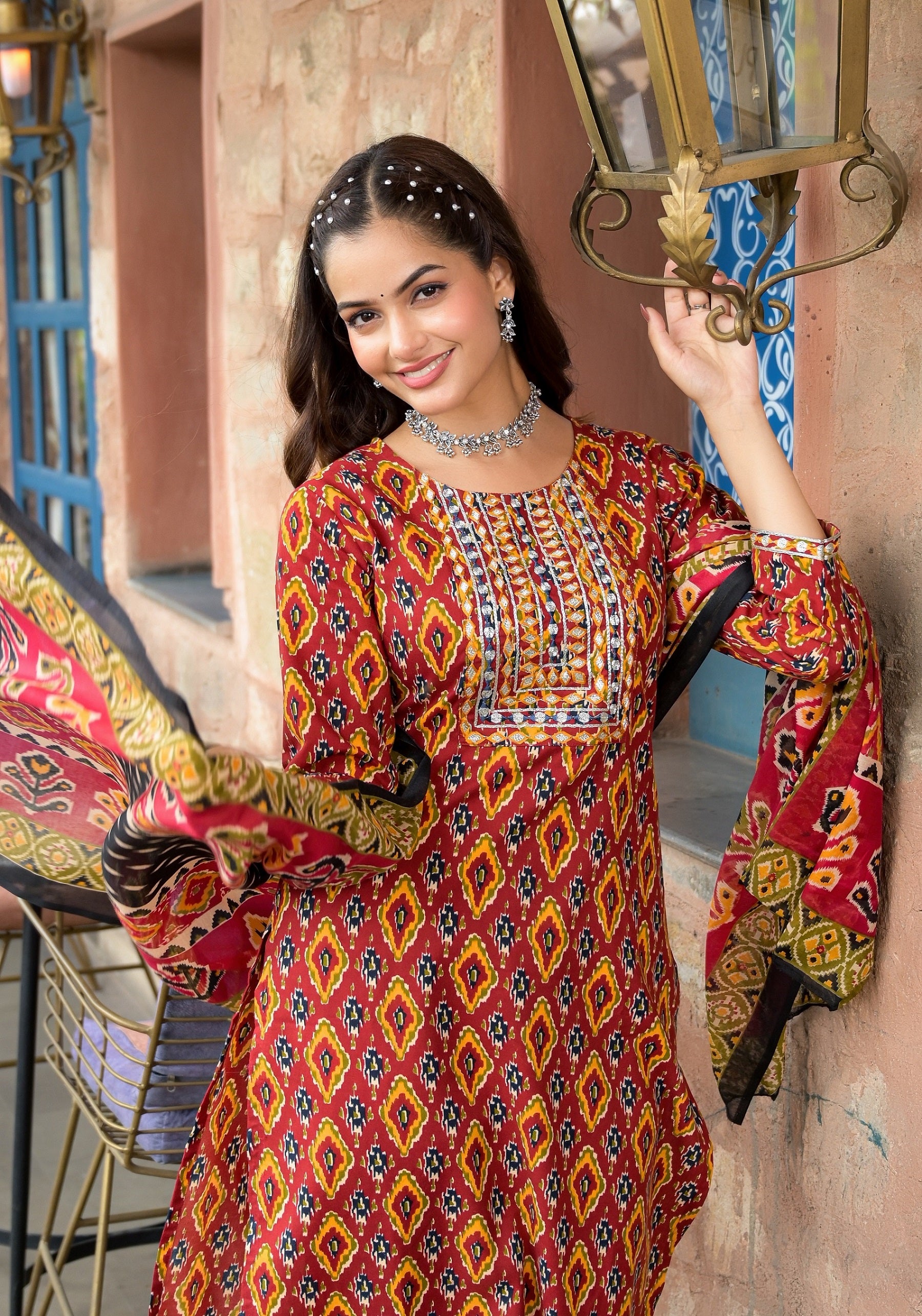 Ethnic Set Women Embroidery Straight Kurta and Pant set with Dupatta - Ethnic Set
