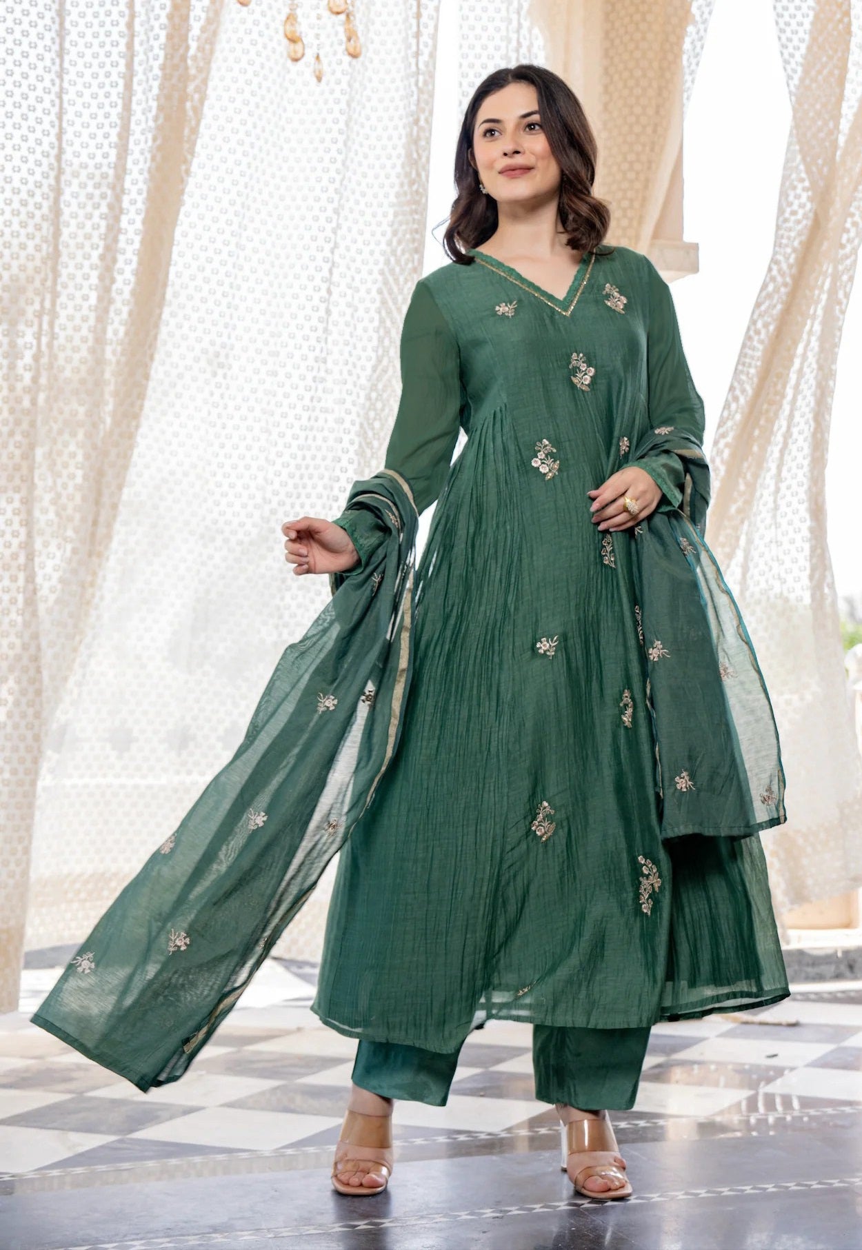 Ethnic Set Women Silk Embroidery Anarkali Kurta and Pant Set with Dupatta