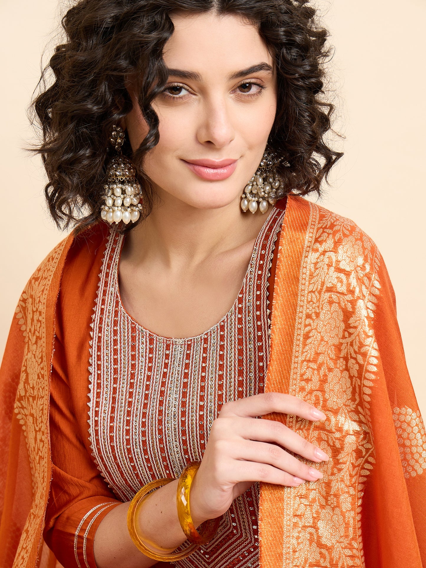 Ethnic Set Women Emboridered Straight Orange Kurta And Pant Set With Dupatta