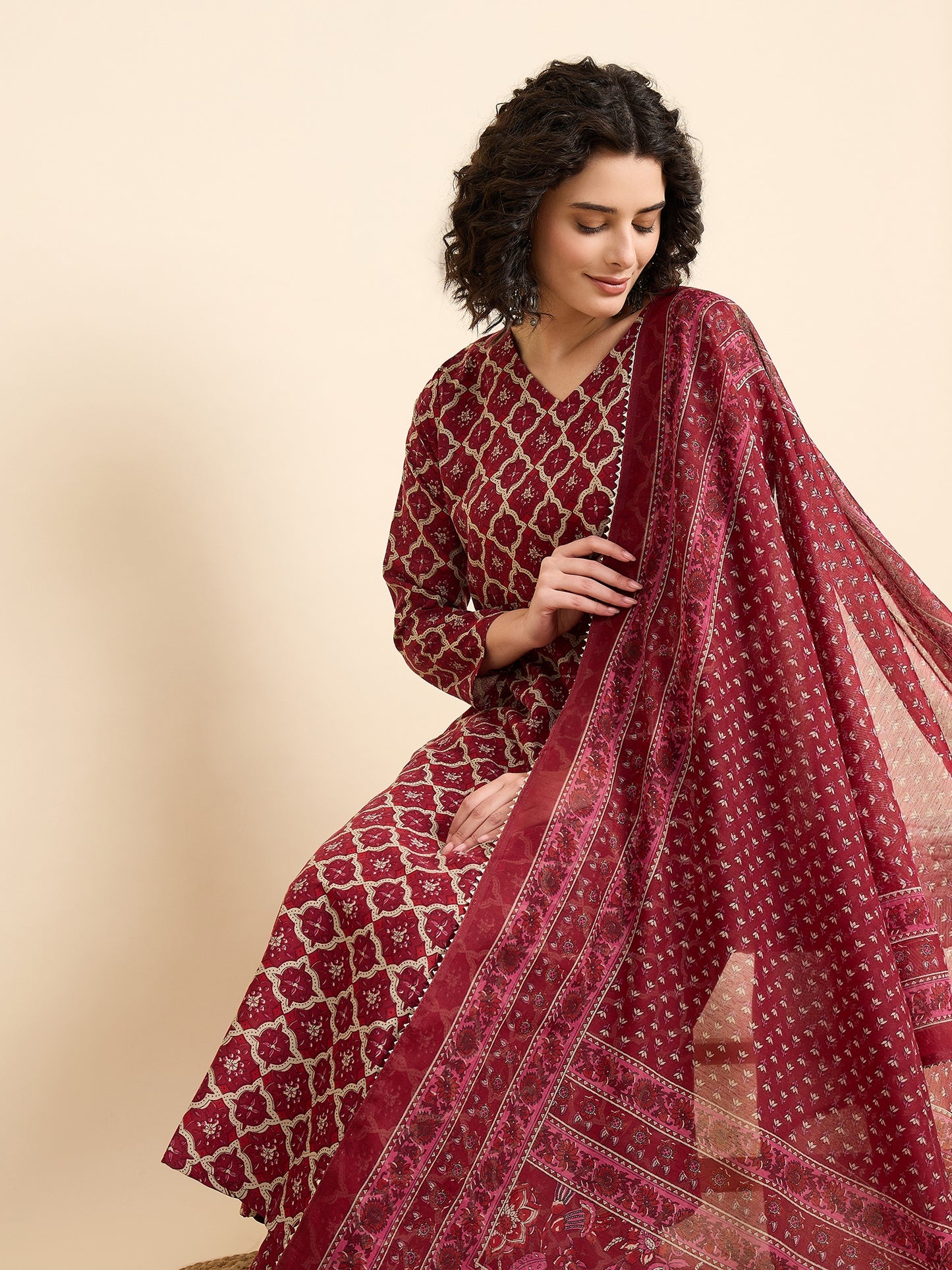 Ethnic Set Women Printed A-Line Kurta And Pant Set With Dupatta