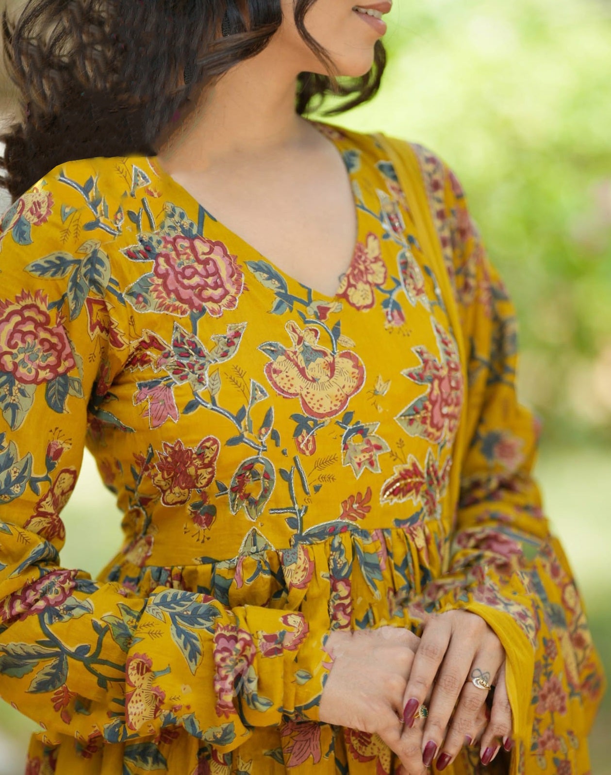Ethnic Set Women Printed Floral Anarkali Yellow Kurta and Pant Set With Dupatta
