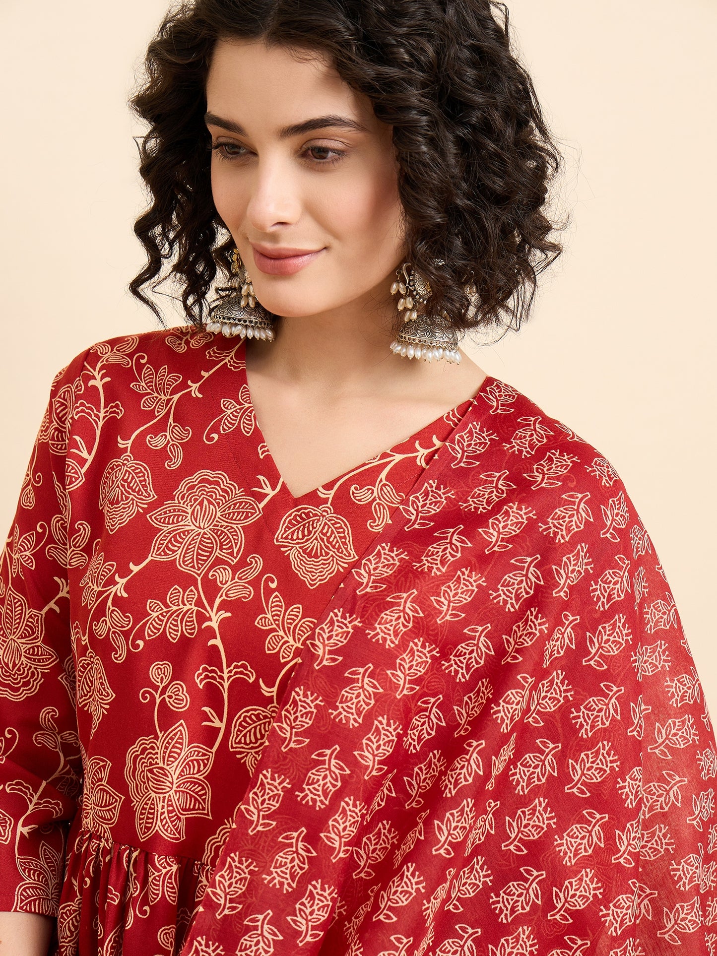 Ethnic Set Women Floral Printed Anarkali Red Kurta And Pant Set With Dupatta
