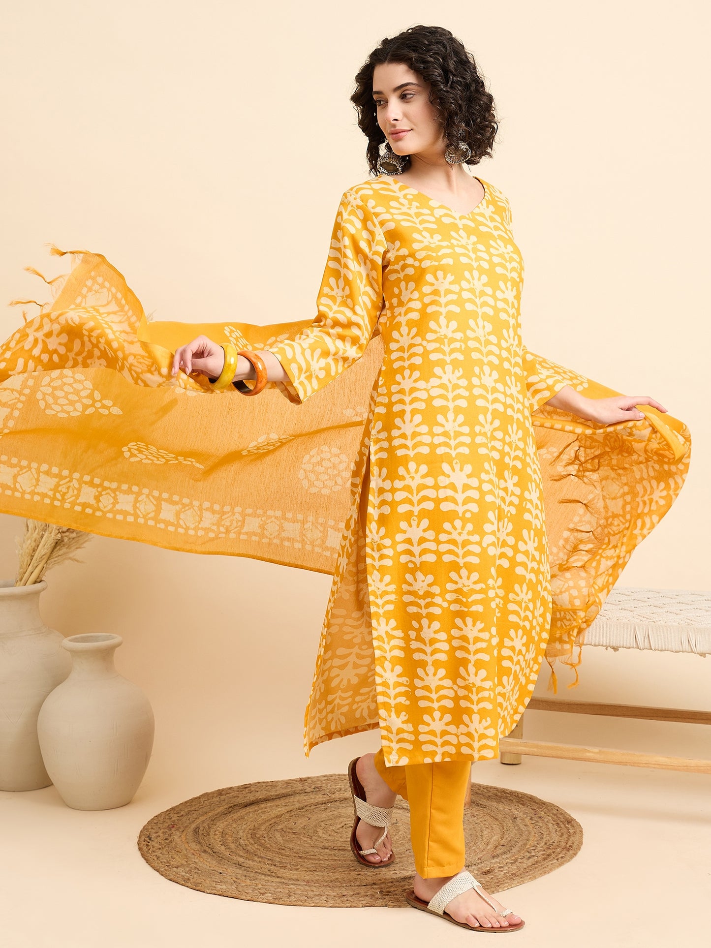 Ethnic Set Women Printed Straight Yellow Kurta And Pant Set With Dupatta