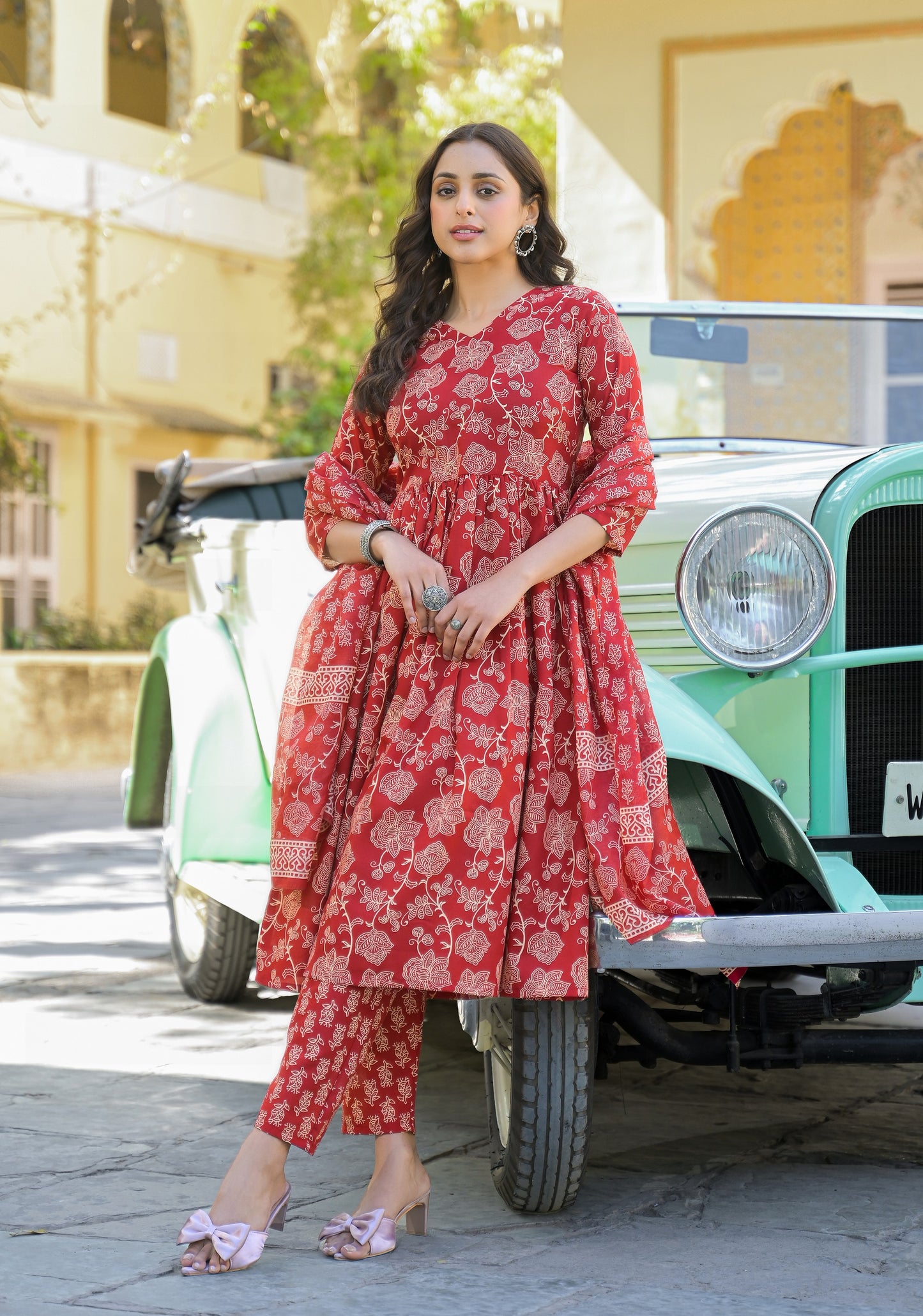 Ethnic Set Women Floral Printed Anarkali Red Kurta And Pant Set With Dupatta