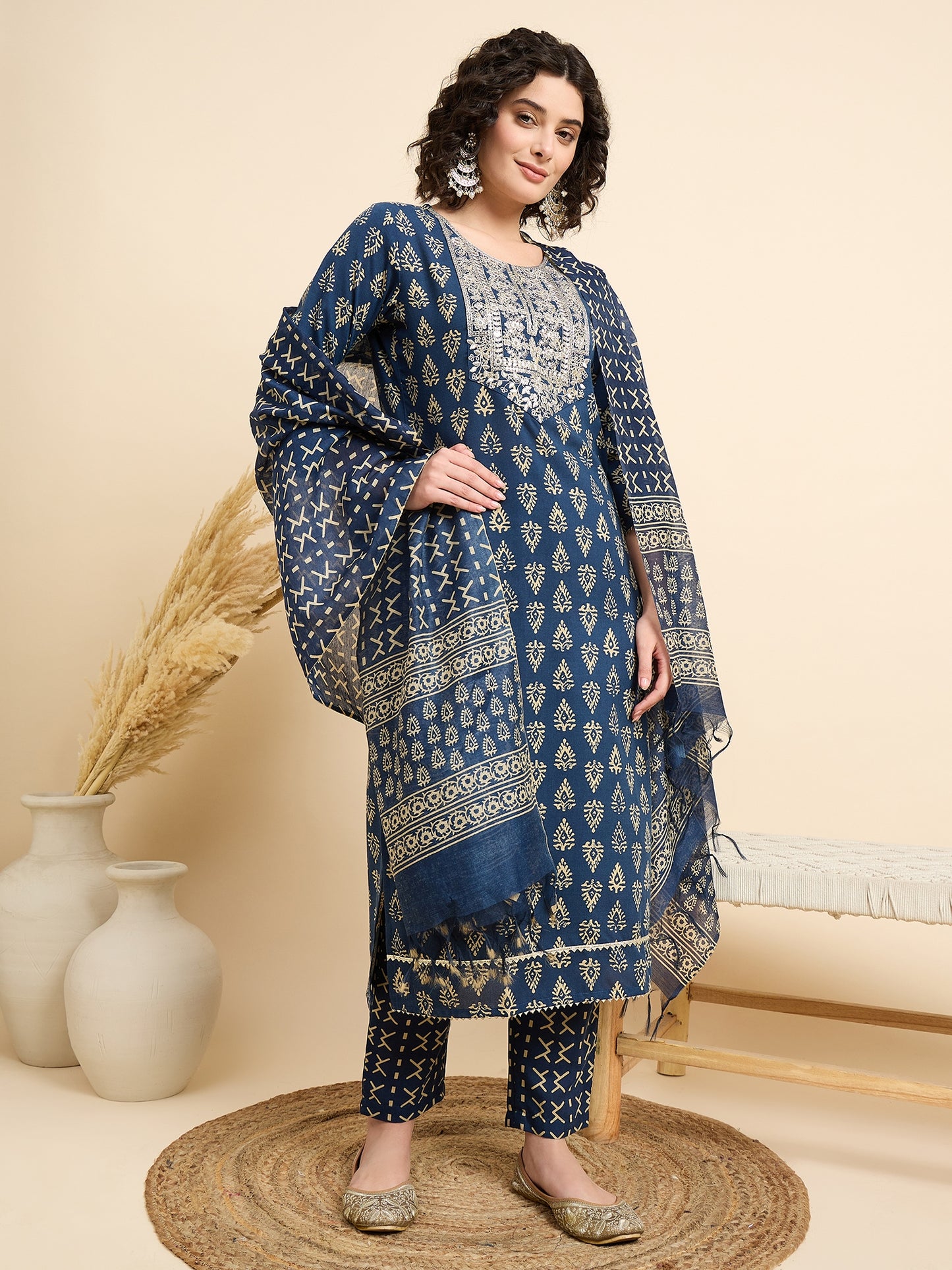 Ethnic Set Women Embroidered Straight Blue Kurta And Pant Set With Dupatta