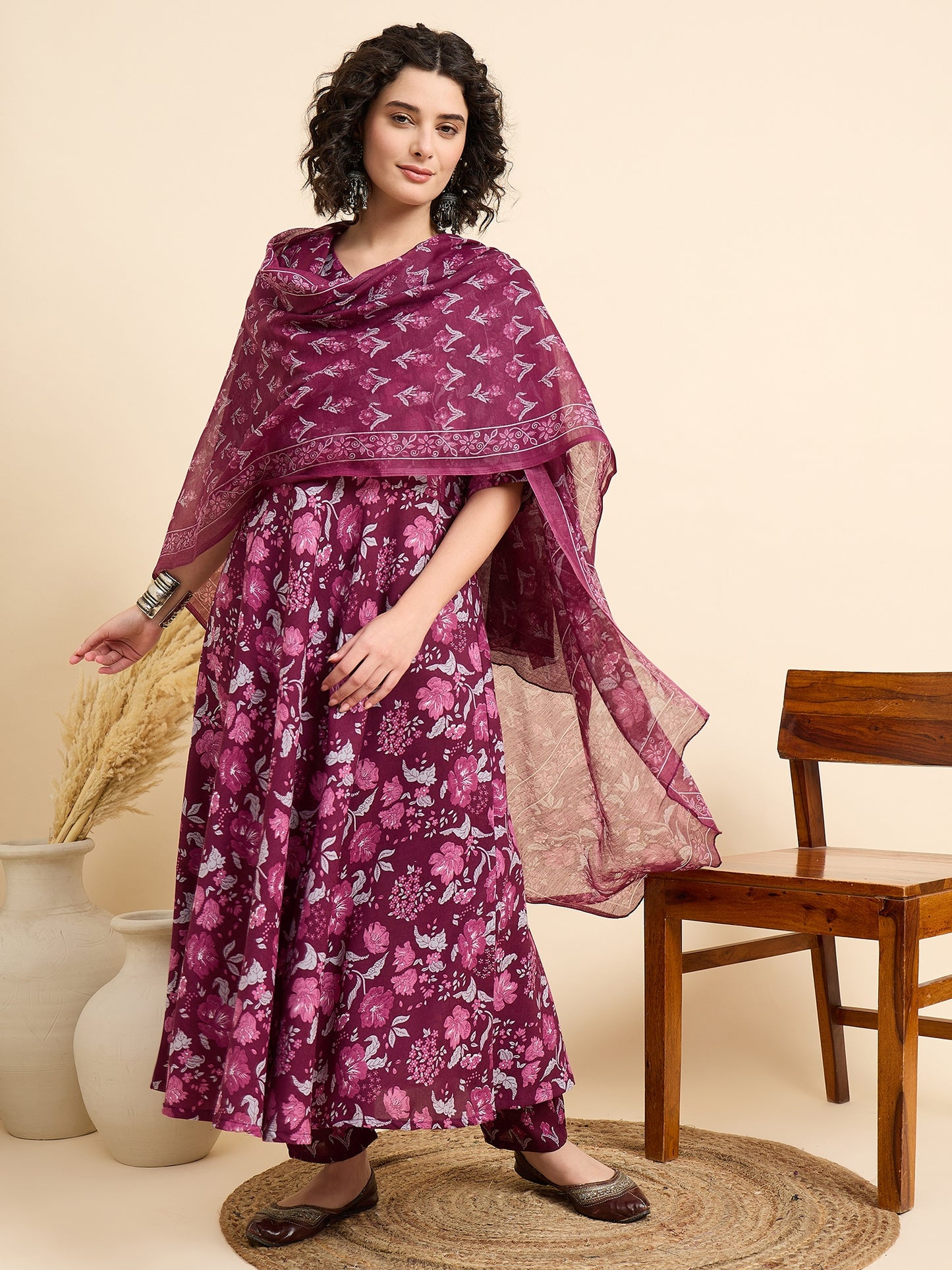 Ethnic Set Women Floral Printed Anarkali Kurta And Pant Set With Dupatta