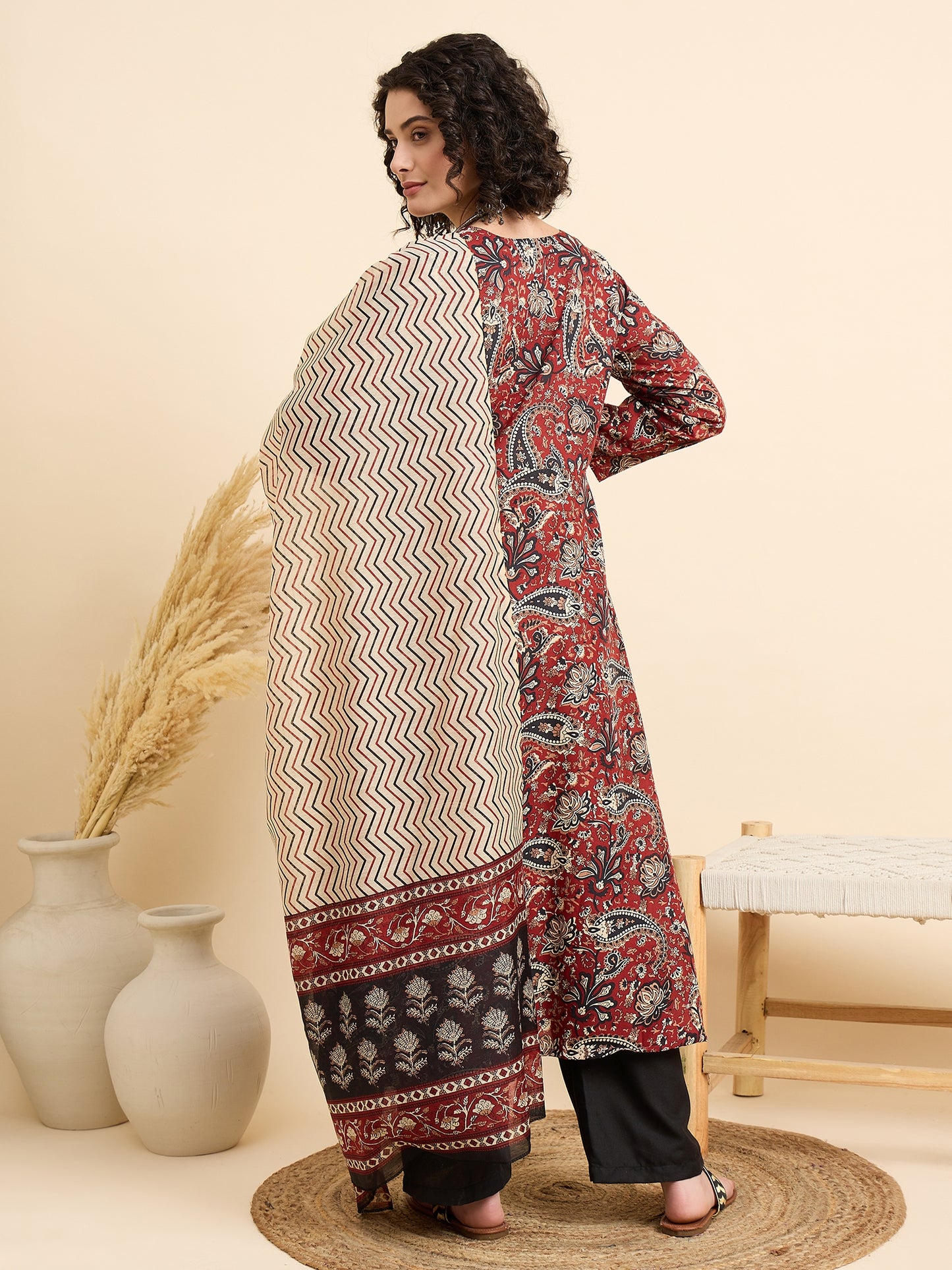 Ethnic Set Women Printed Anarkali Maroon Kurta And Pant Set With Dupatta