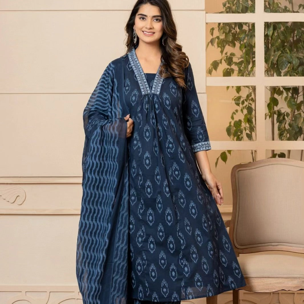 Ethnic Set Women A-Line Blue Kurta And Pant Set With Dupatta
