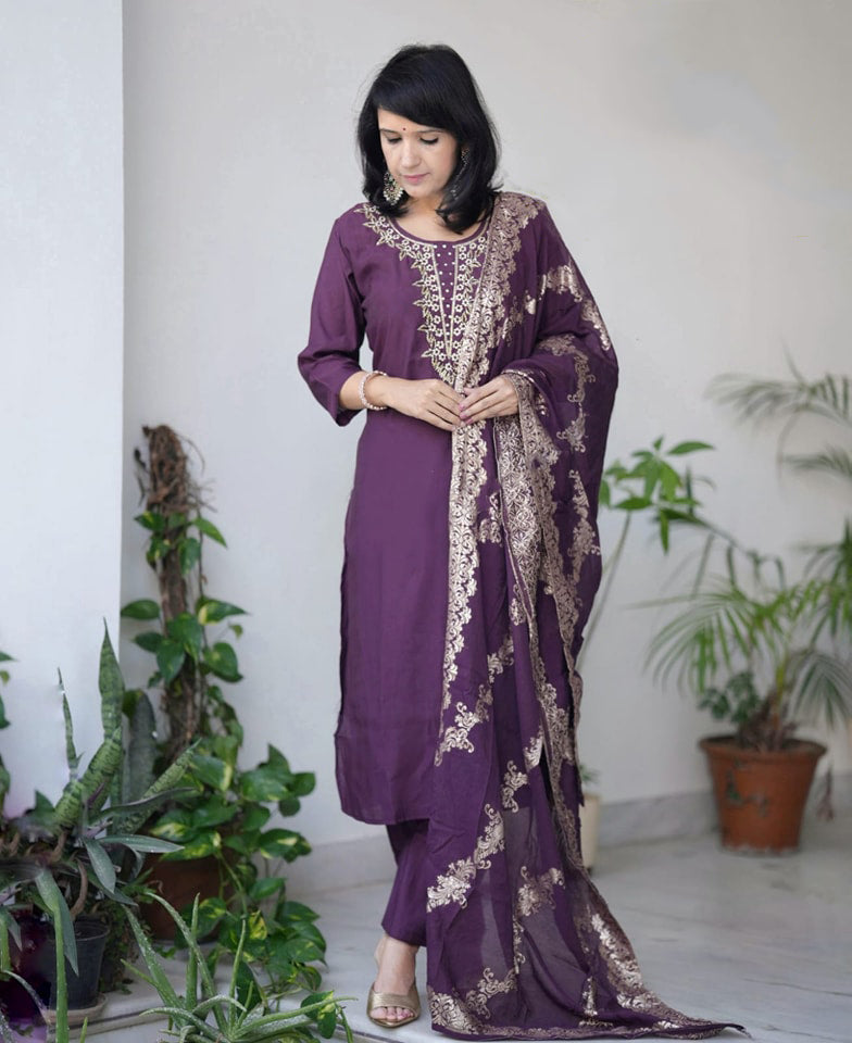 Ethnic Set Women Embroidered Wine Kurta and Pant Set With Dupatta