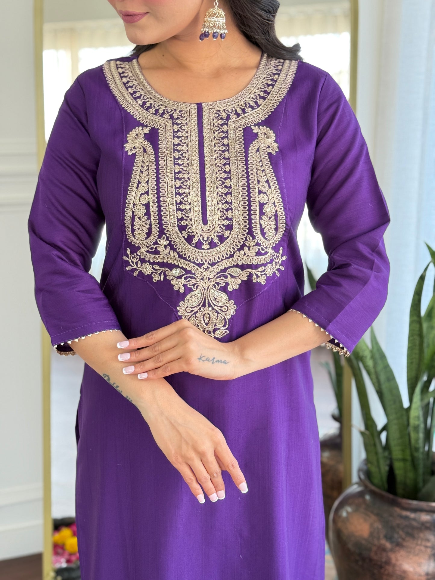 Women's Solid Embroidery Kurta Set – Ethnic Festive Wear (Kurta + Pants + Dupatta)