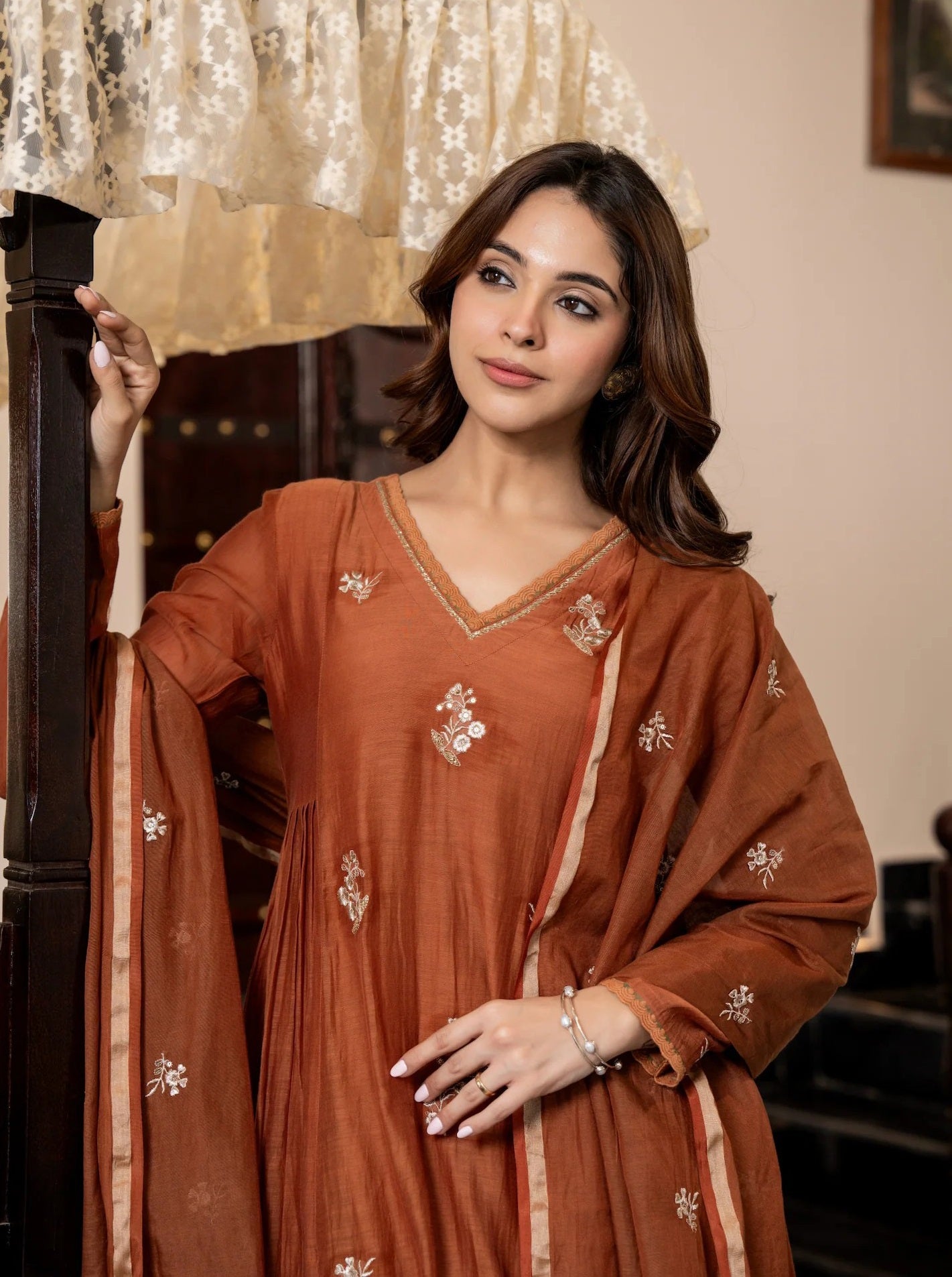 Ethnic Set Women Silk Embroidery Anarkali Kurta and Pant Set with Dupatta