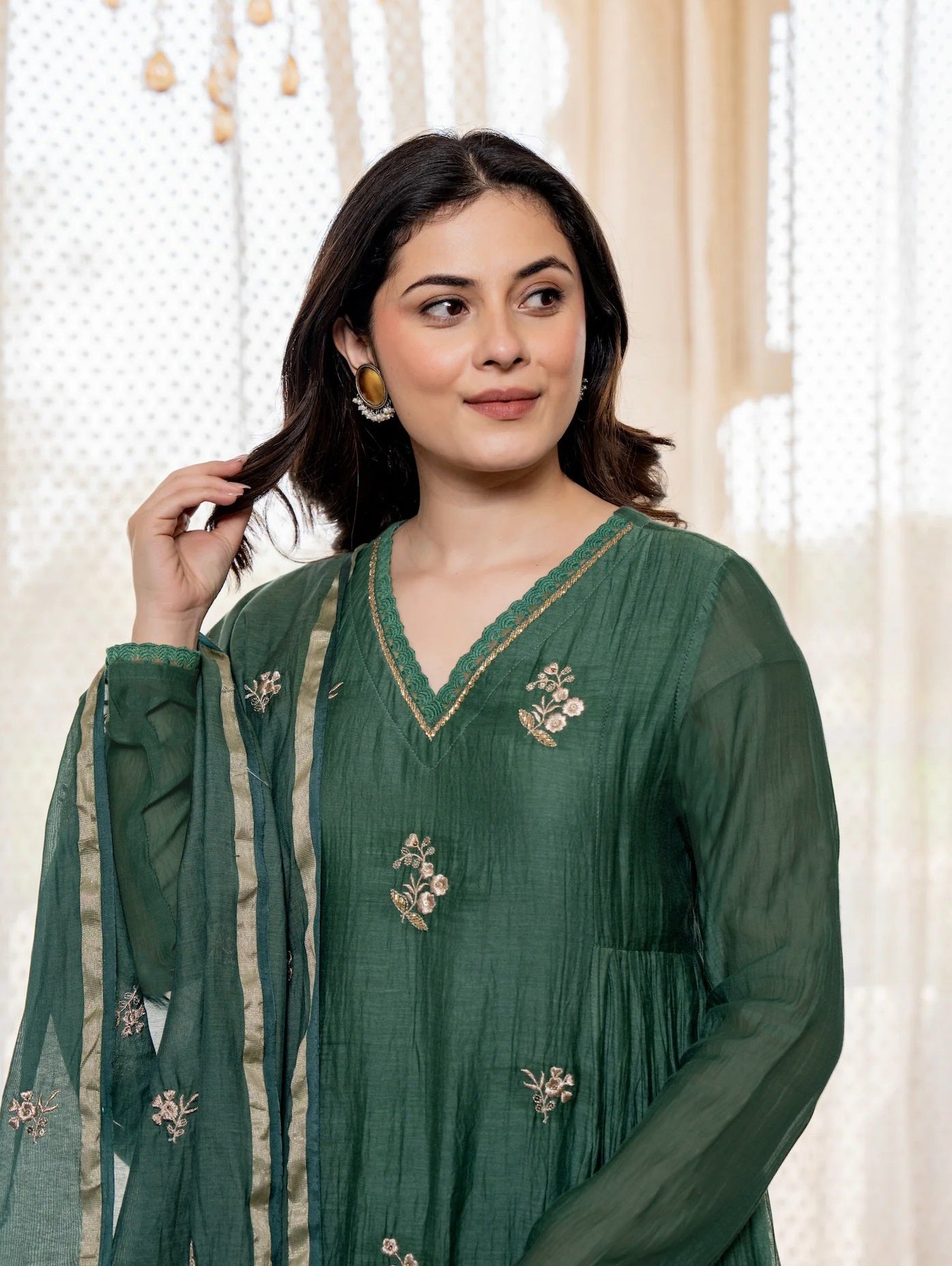 Ethnic Set Women Silk Embroidery Anarkali Kurta and Pant Set with Dupatta