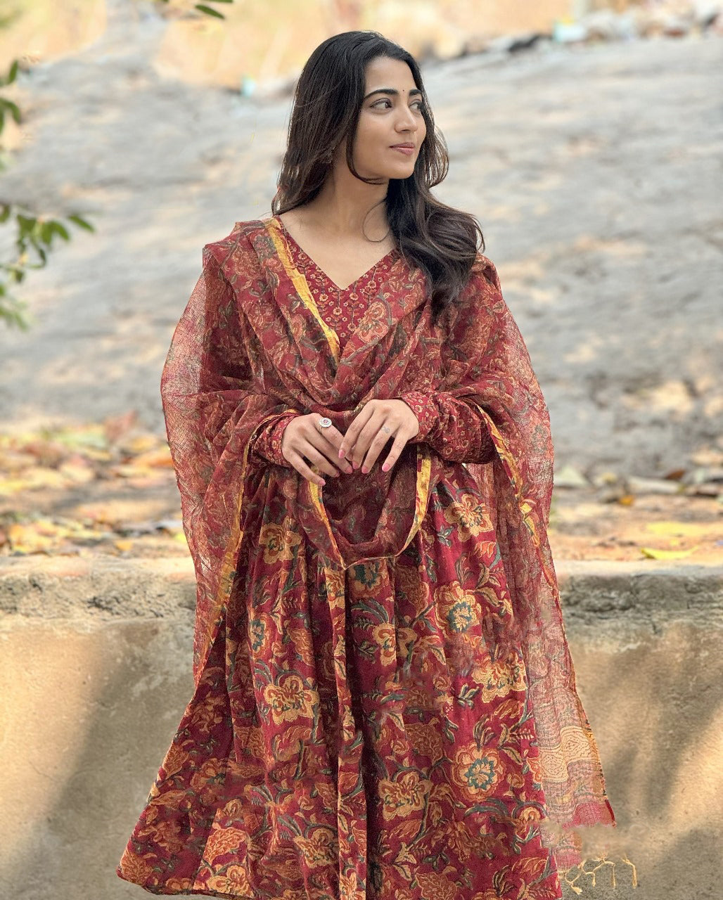 Ethnic Set Women Printed Anarkali Red Kurta and Pant Set With Dupatta
