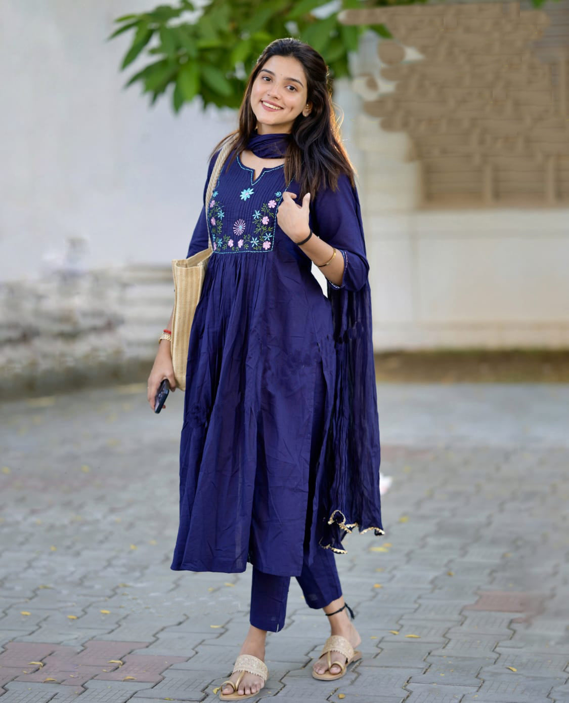 Ethnic Set  Women Silk Embroidery Straight Kurta and Pant Set with Dupatta