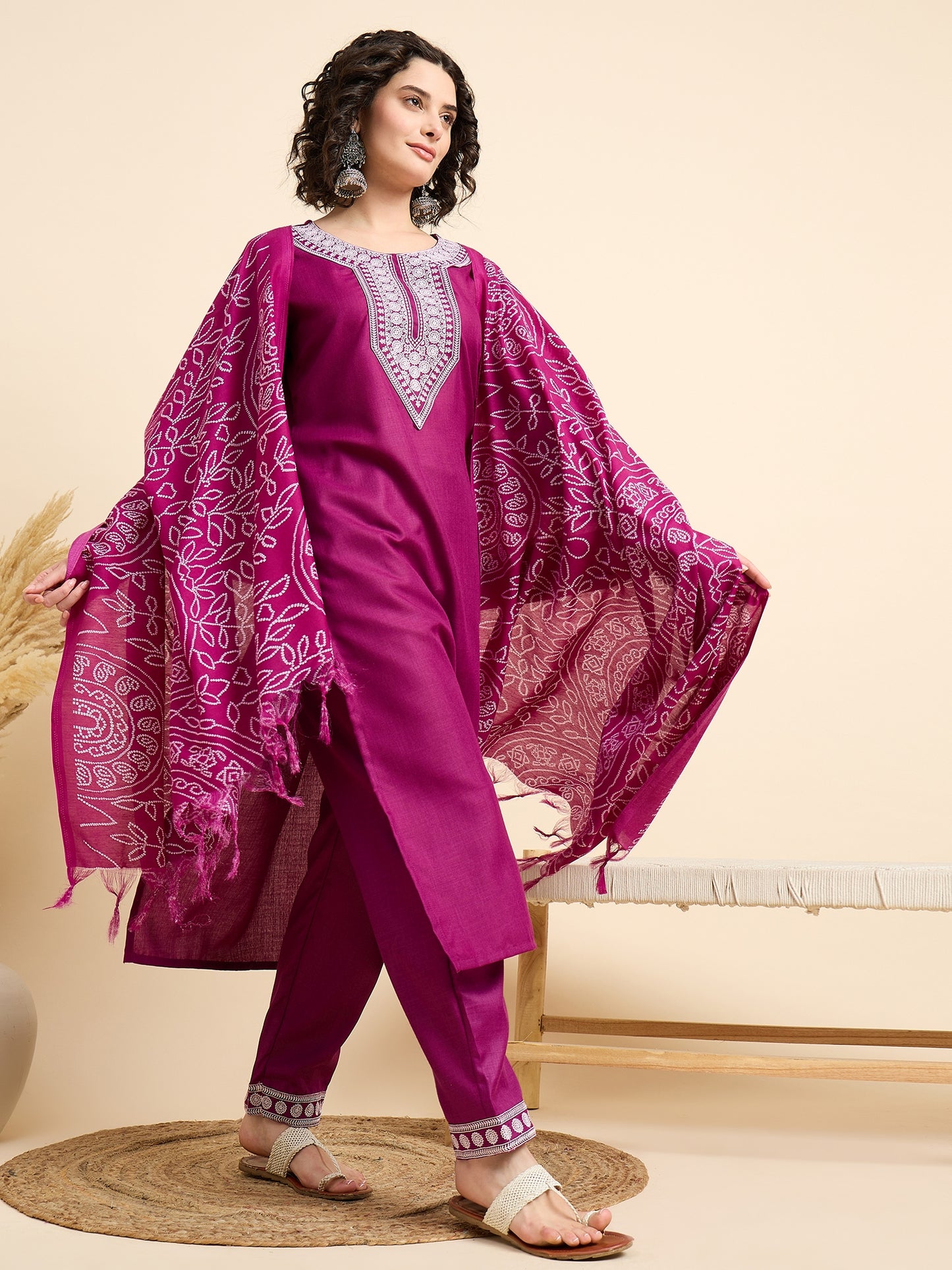 Ethnic Set Women Embroidered Pink Kurta And Pant Set With Dupatta