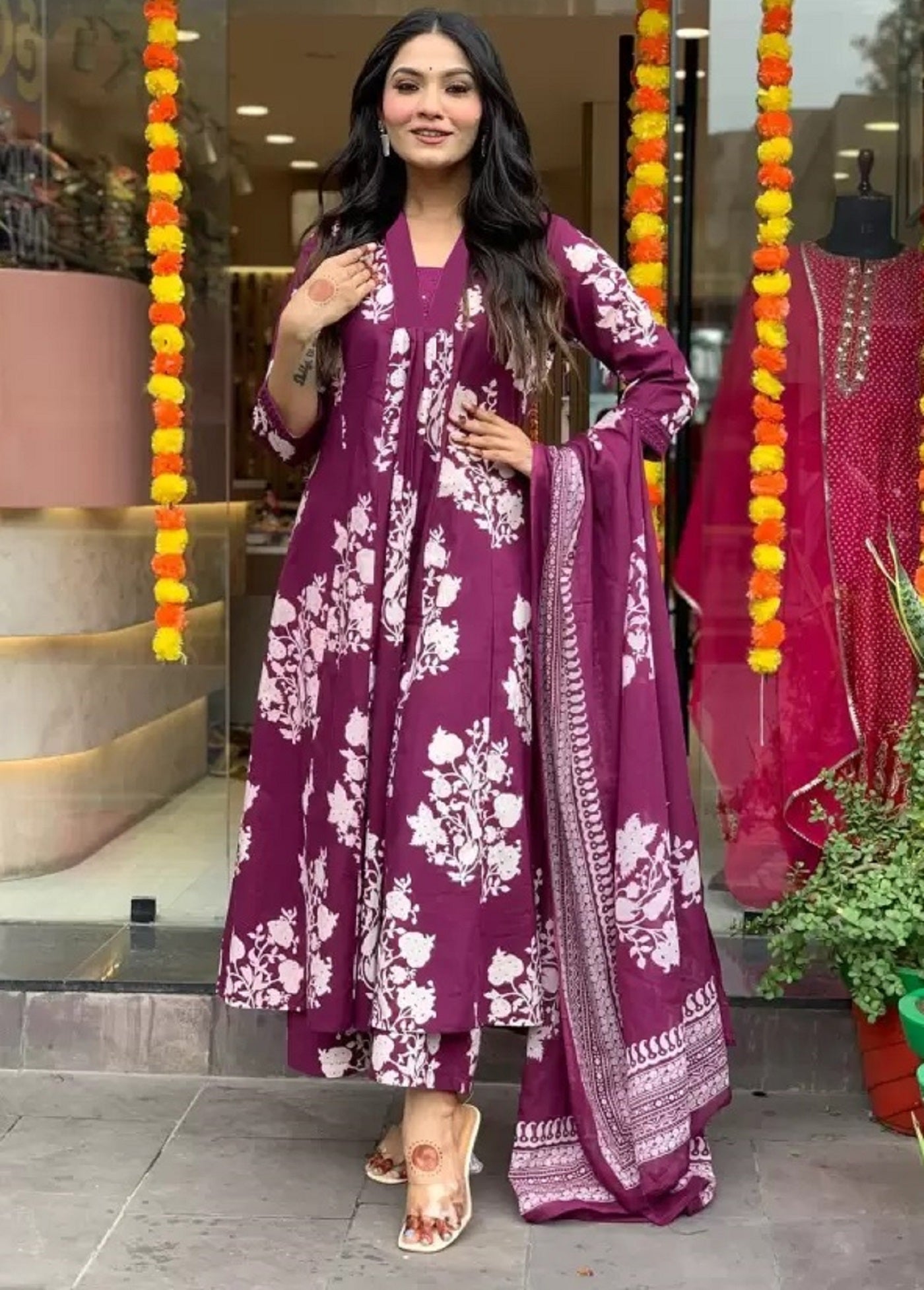 Ethnic Set Women Printed A-Line Purple Kurta and Pant Set With Dupatta