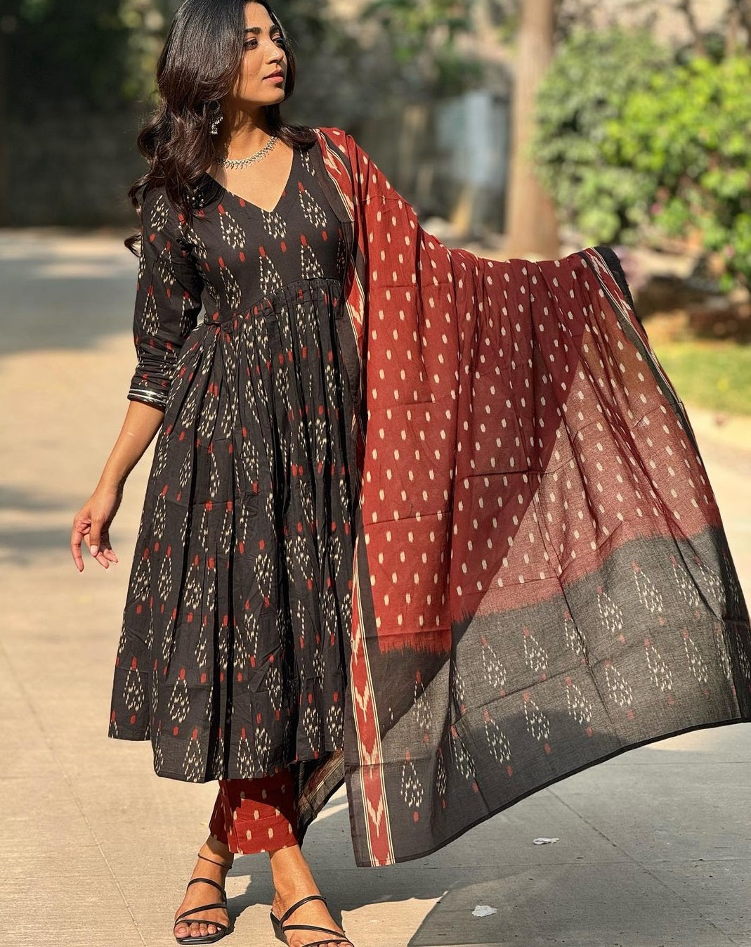 Ethnic Set Women Floral Anarkali Printed Black Kurta and Pant Set With Dupatta