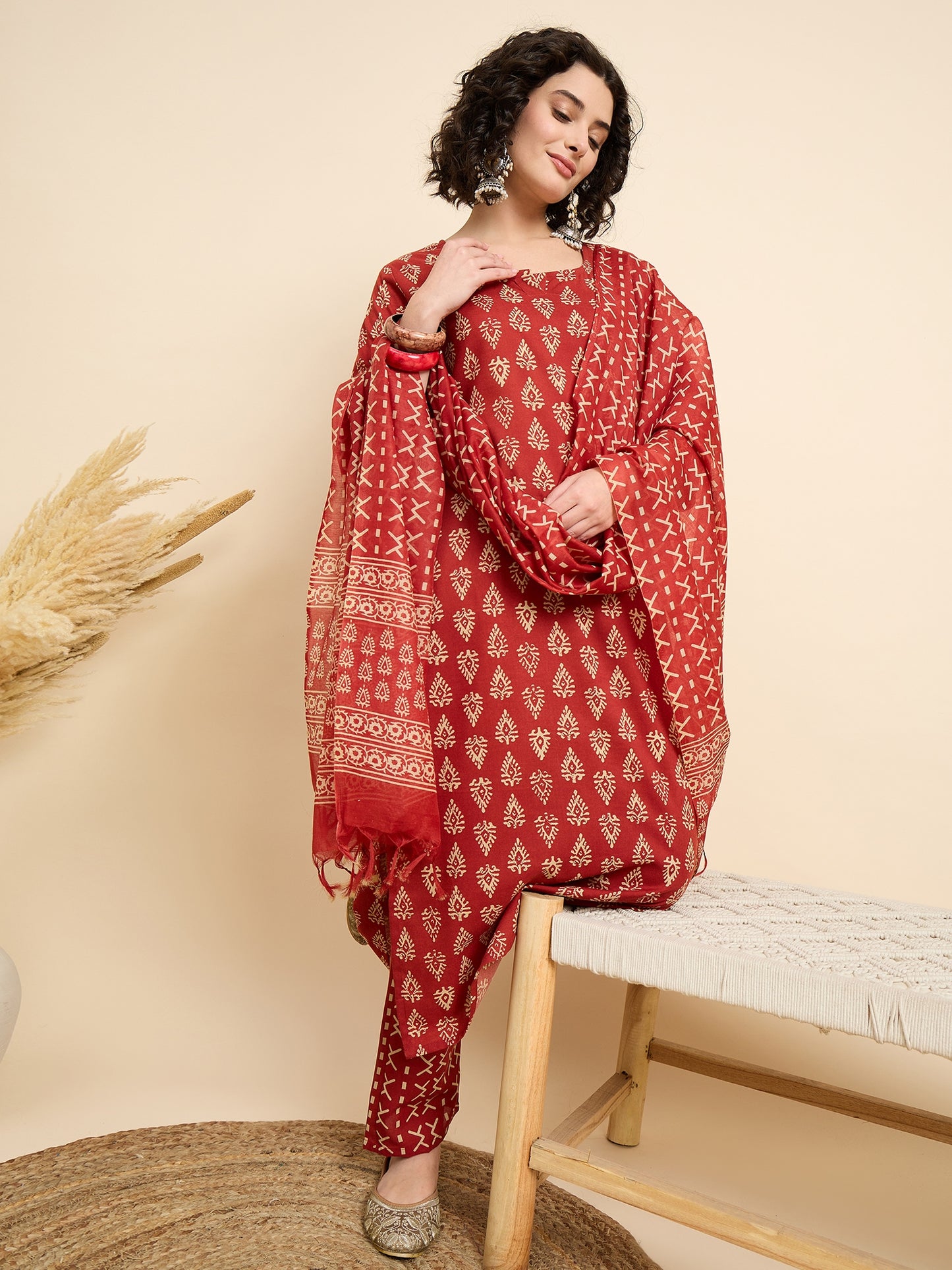 Ethnic Set Women Printed Straight Red Kurta And Pant Set With Dupatta