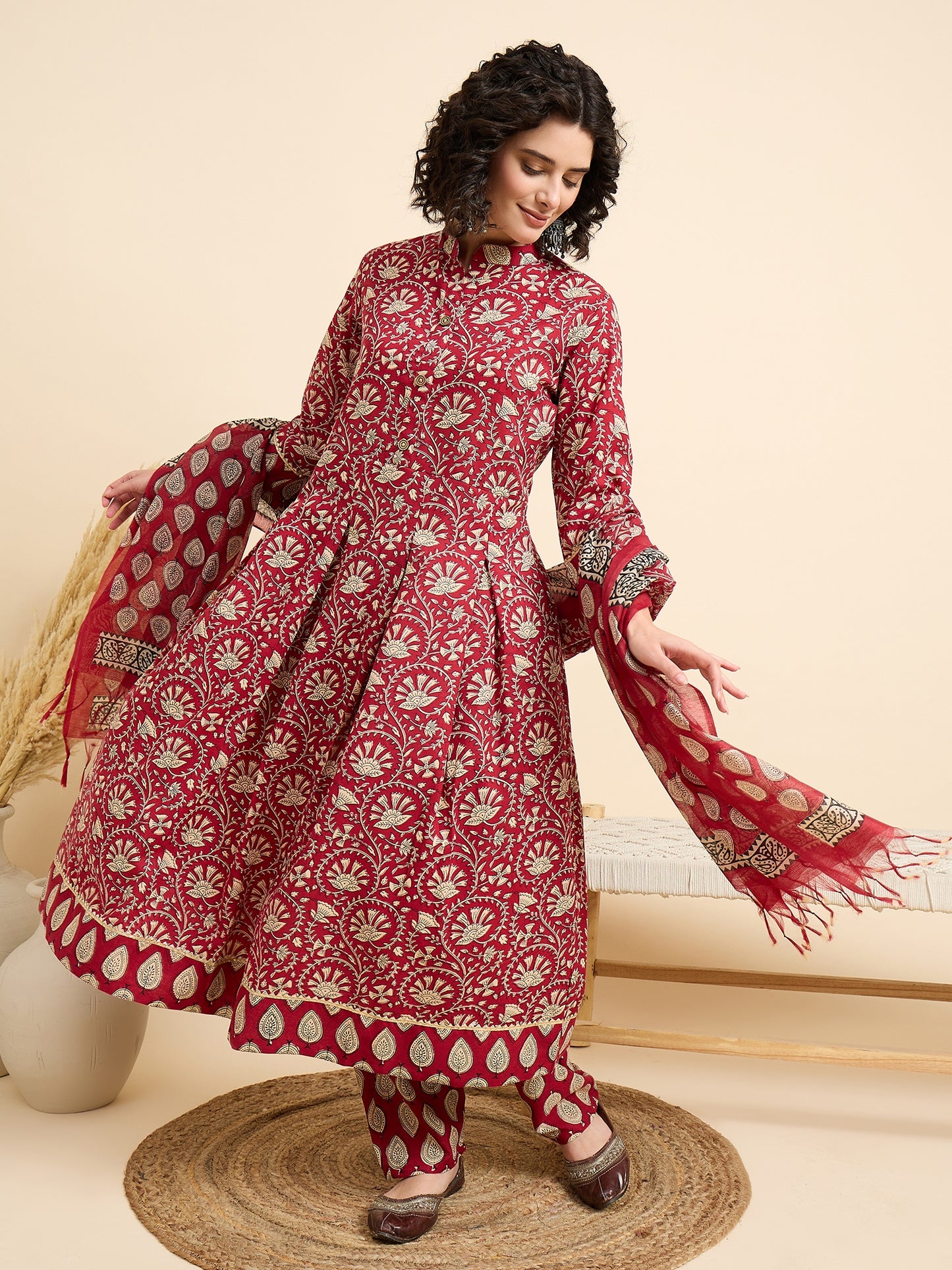 Ethnic Set Women Printed Anarkali Red Kurta And Pant Set With Dupatta