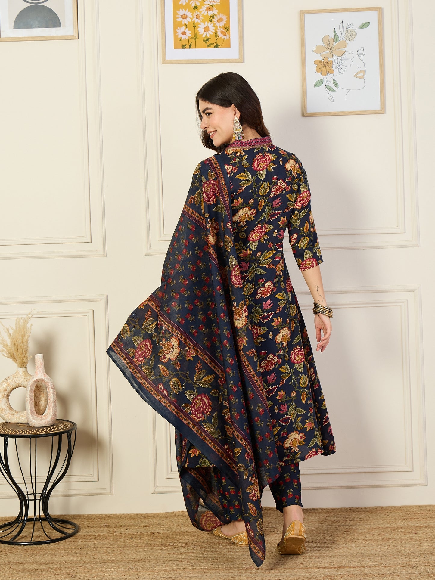 Ethnic Set Women Printed A-Line Floral Blue Kurta and Pant Set With Dupatta