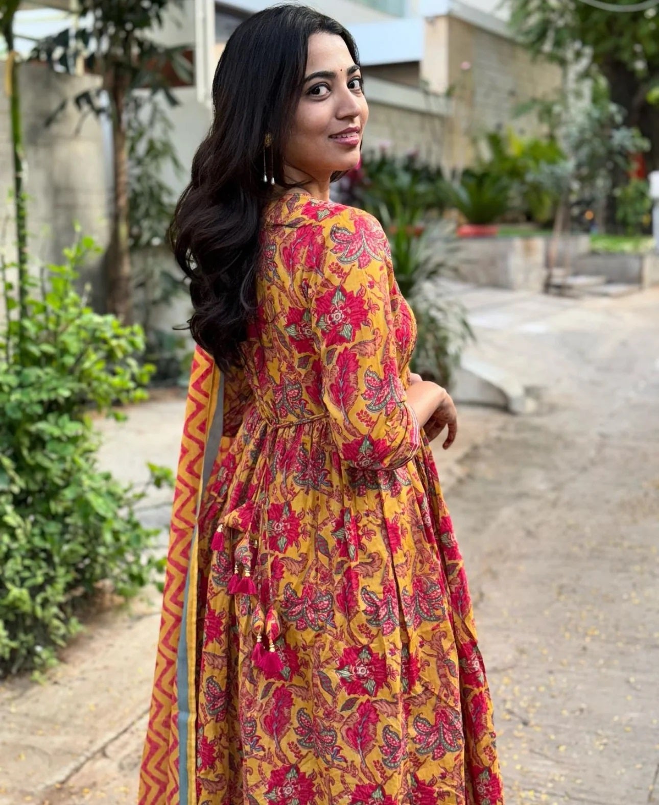 Ethnic Set Women Floral Printed Anarkali Yellow Kurta And Pant Set With Dupatta