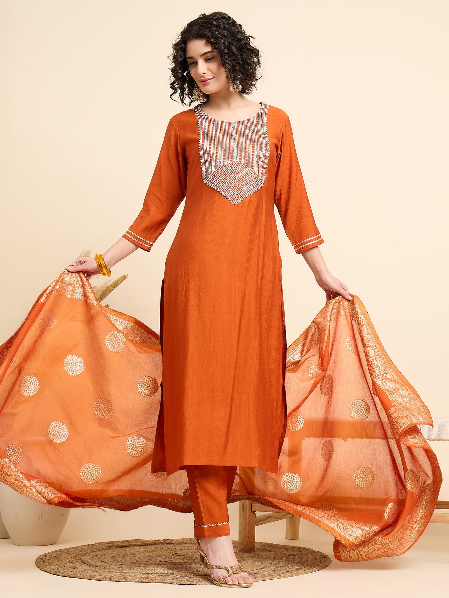 Ethnic Set Women Emboridered Straight Orange Kurta And Pant Set With Dupatta